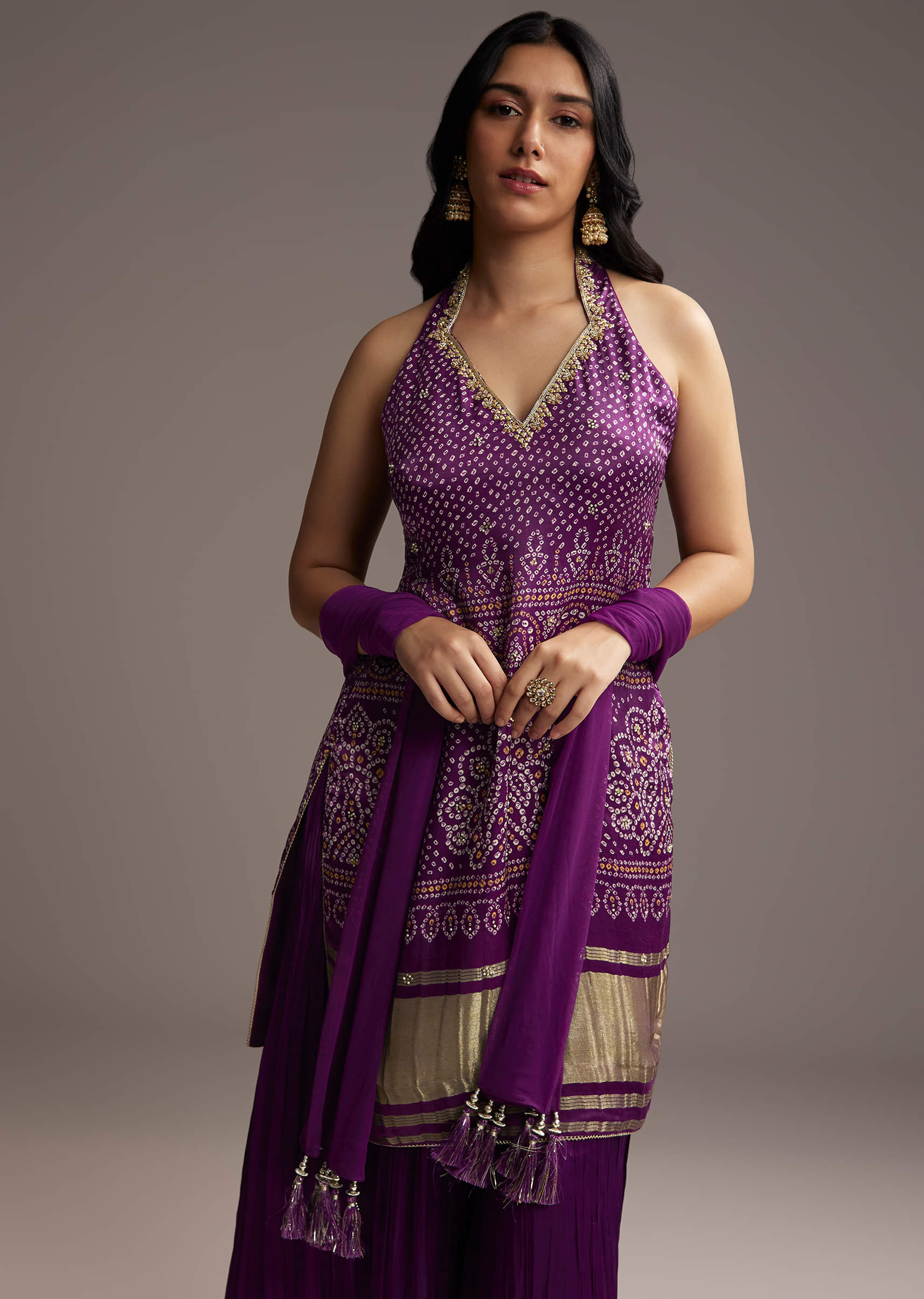 Purple Modal Satin Palazzo Suit With Bandhani Print - Image 4