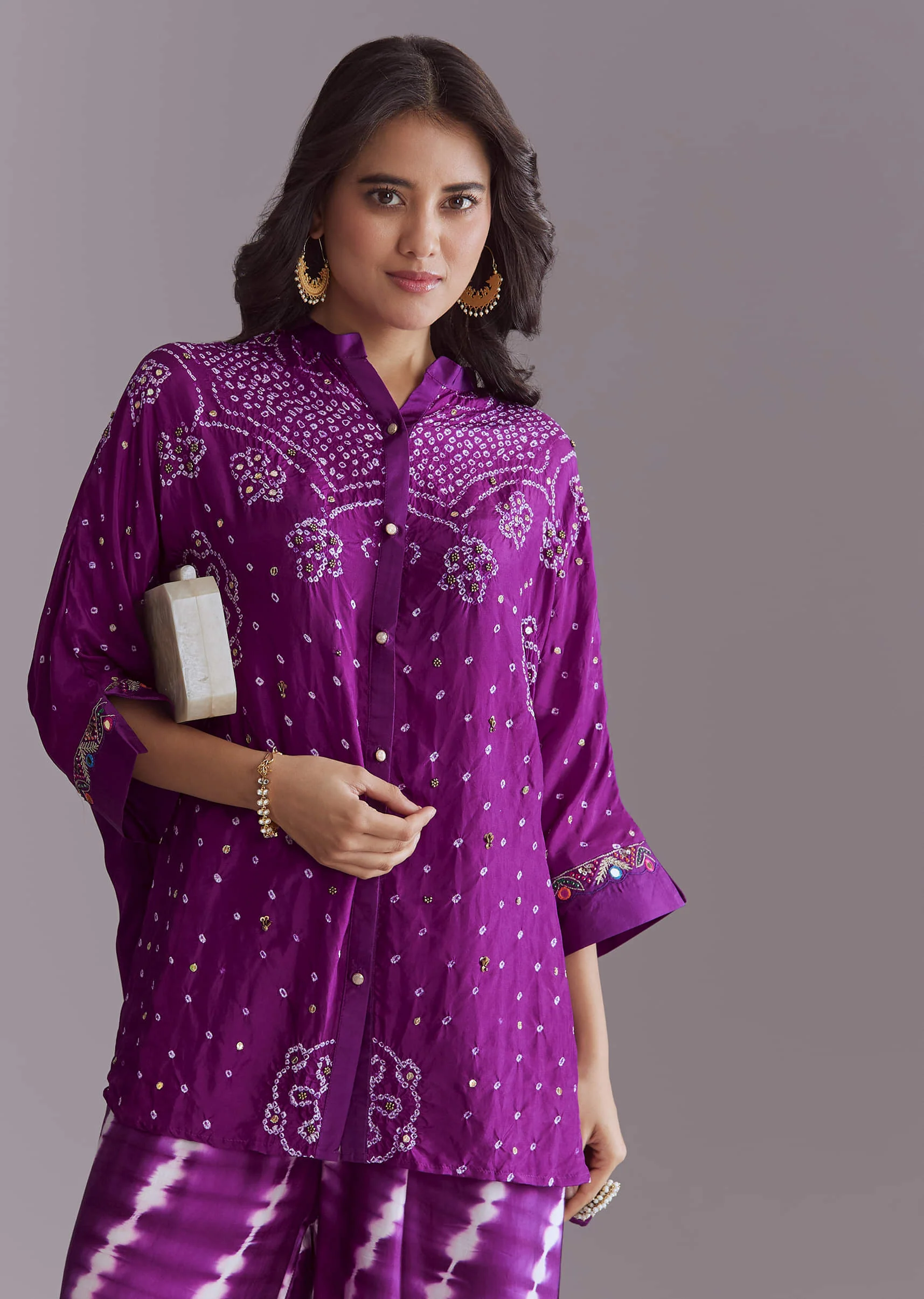 Purple Modal Silk Co-Ord Set With Authentic Bandhani And Leheriya Print - Image 4