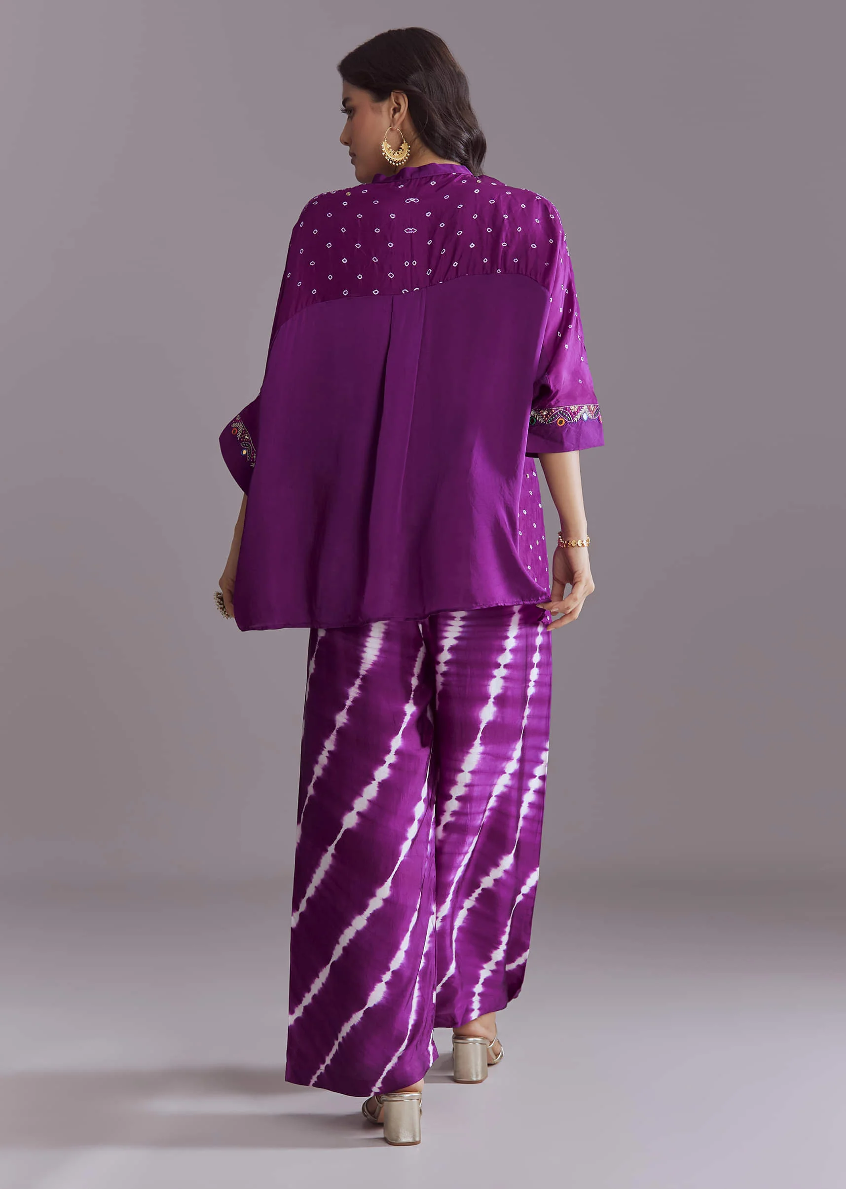 Purple Modal Silk Co-Ord Set With Authentic Bandhani And Leheriya Print - Image 5