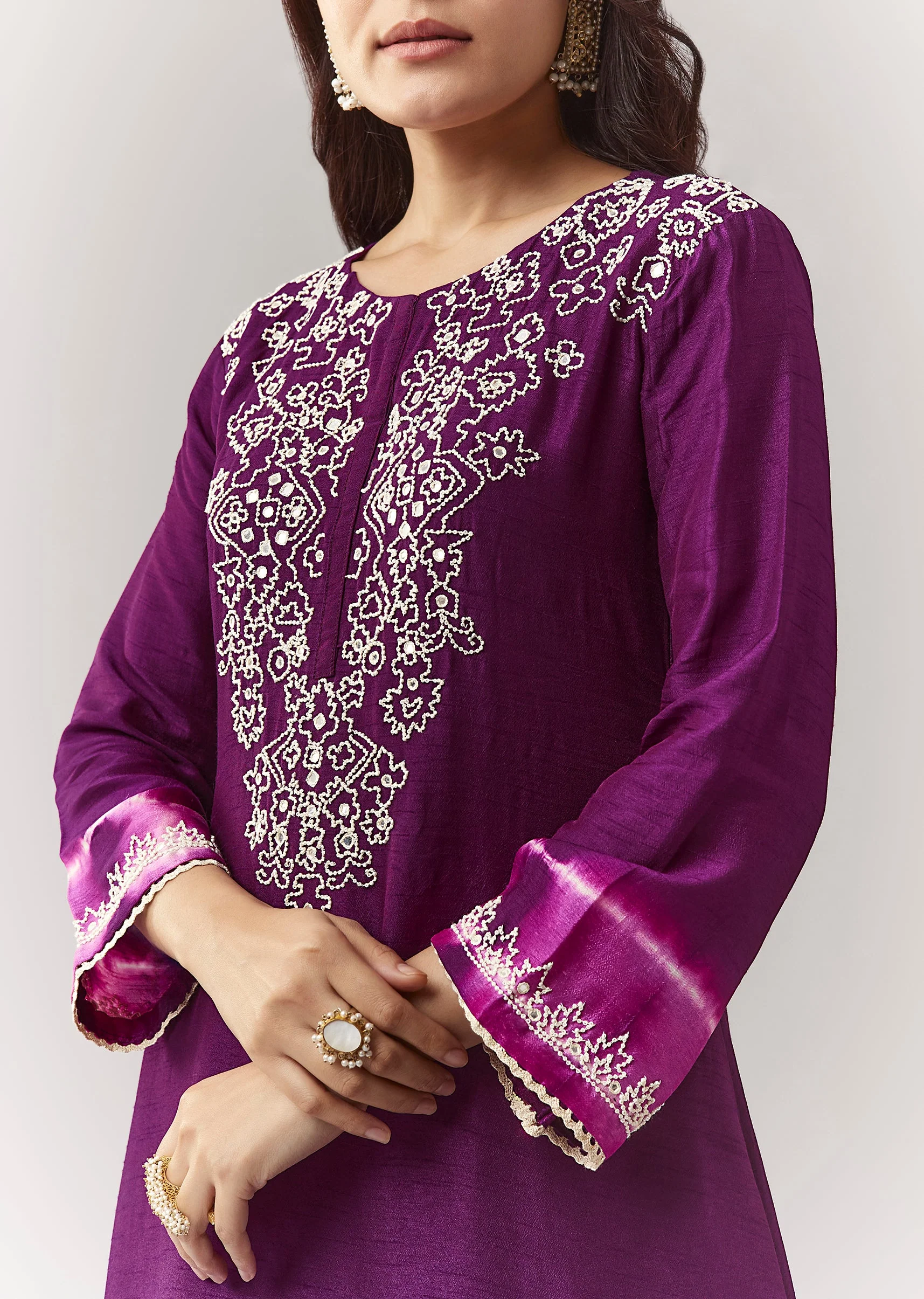 Purple Moti Mirror Kurta Pant Coord With Leheriya Border - Image 2