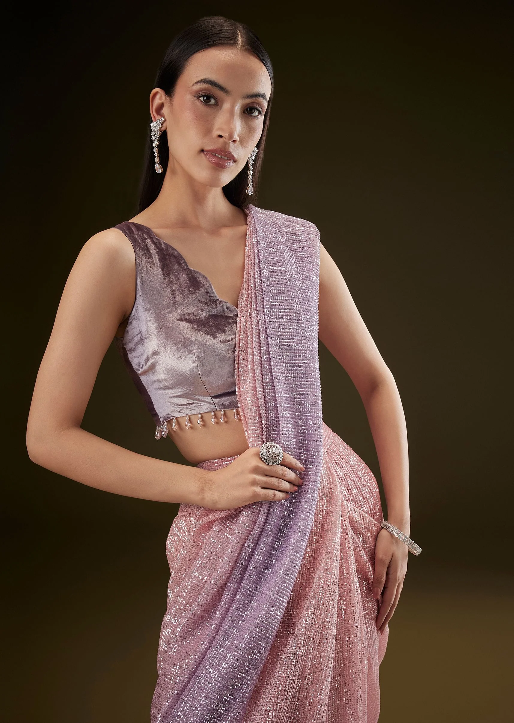 Purple Ombre Ready Draped Sequin Saree With Fancy Blouse - Image 2