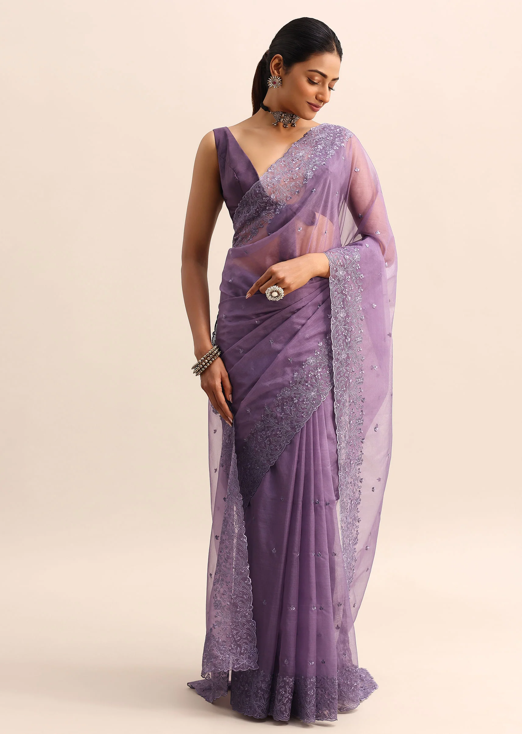 Purple Organza Saree With Floral Thread Work Border And Unstitched Blouse - Image 3