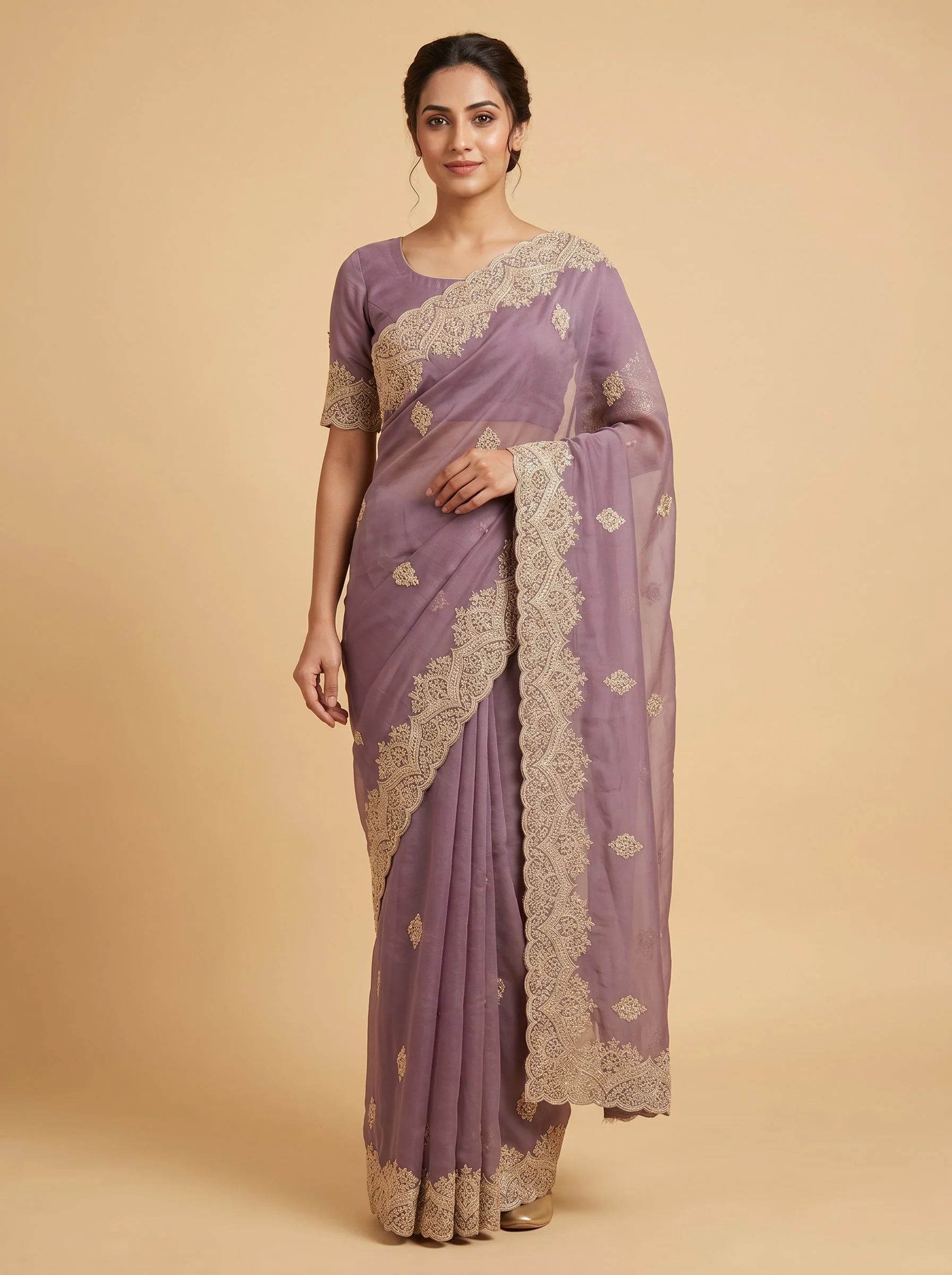 Purple Ornate Detailing Embroidered Saree