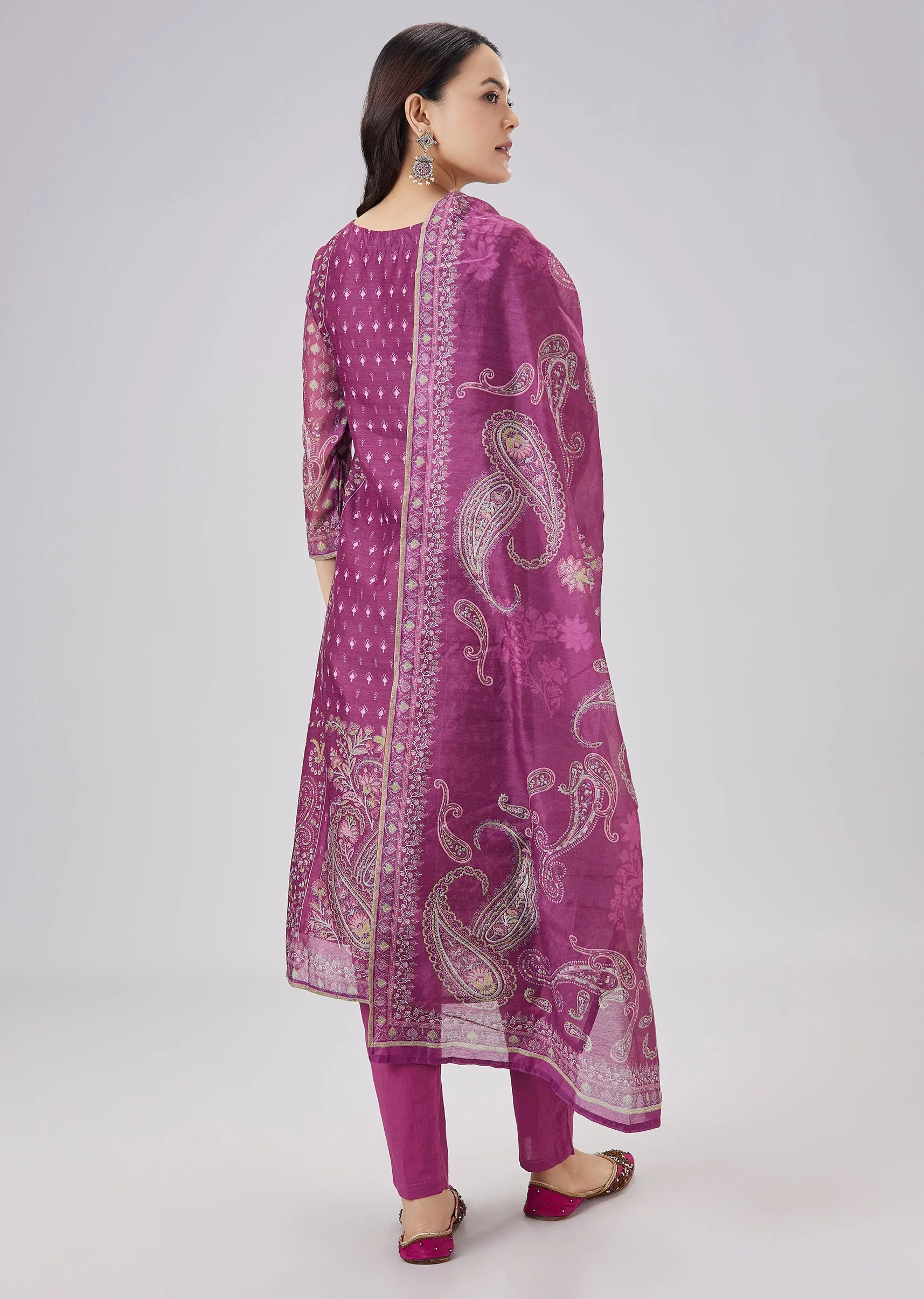Purple Paisley Print Chanderi Kurta Set - Image 5