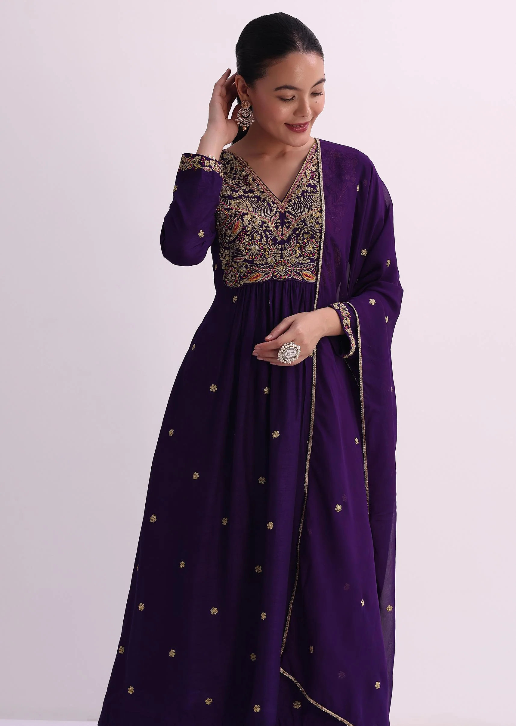 Purple Palazzo Set With Zari Embroidered A-Line Kurta And Dupatta - Image 4