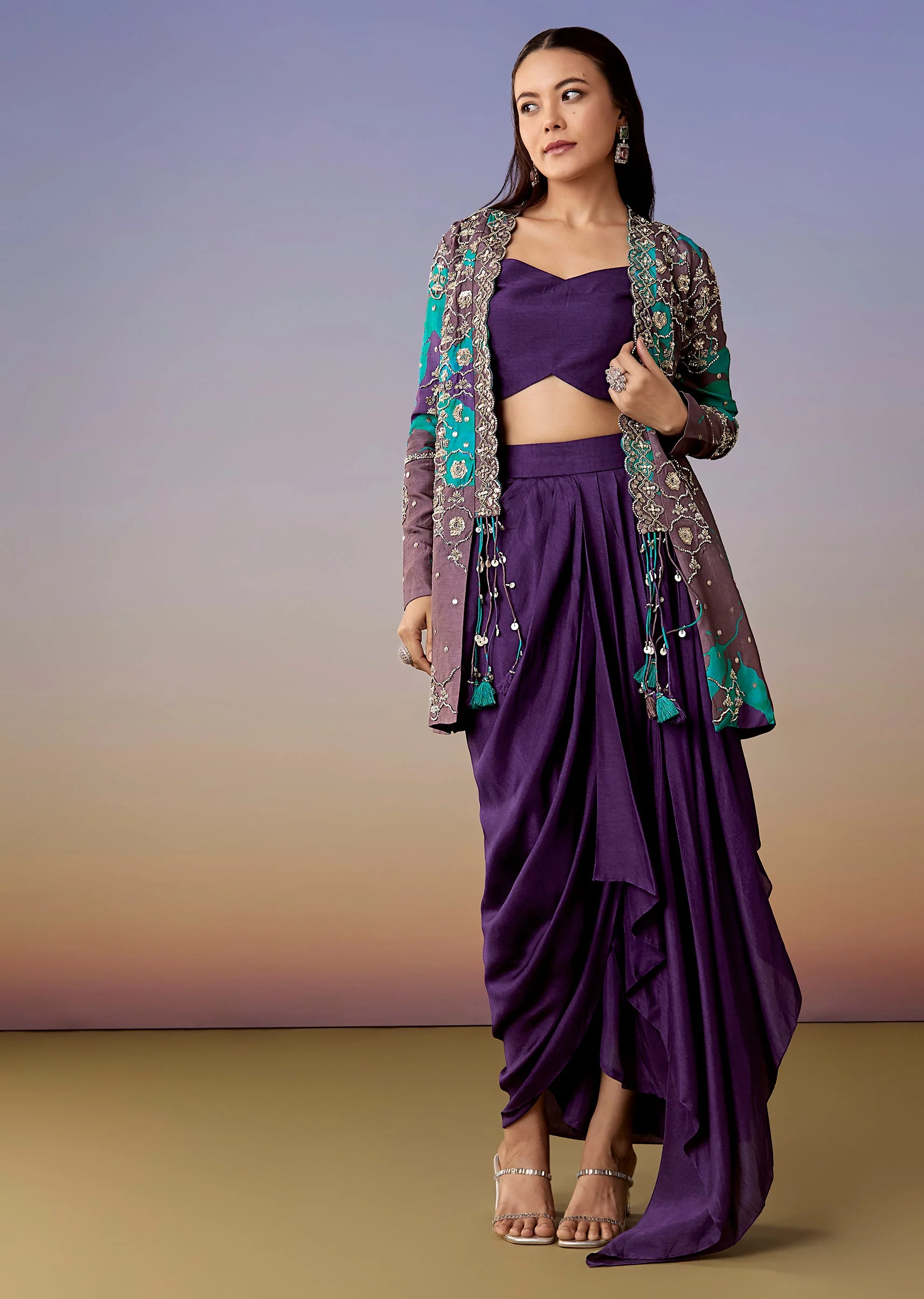 Purple Printed Cape Jacket Skirt Set