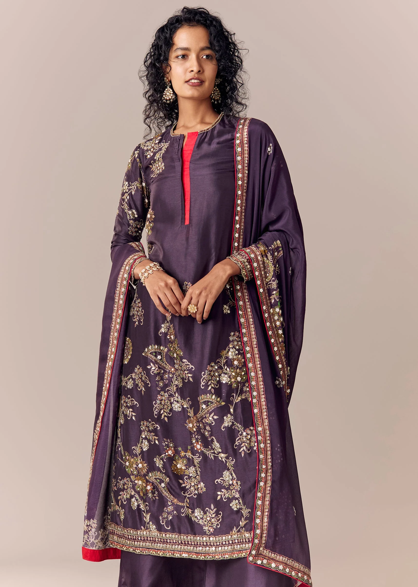 Purple Printed Kurta Palazzo Set With Dupatta - Image 4