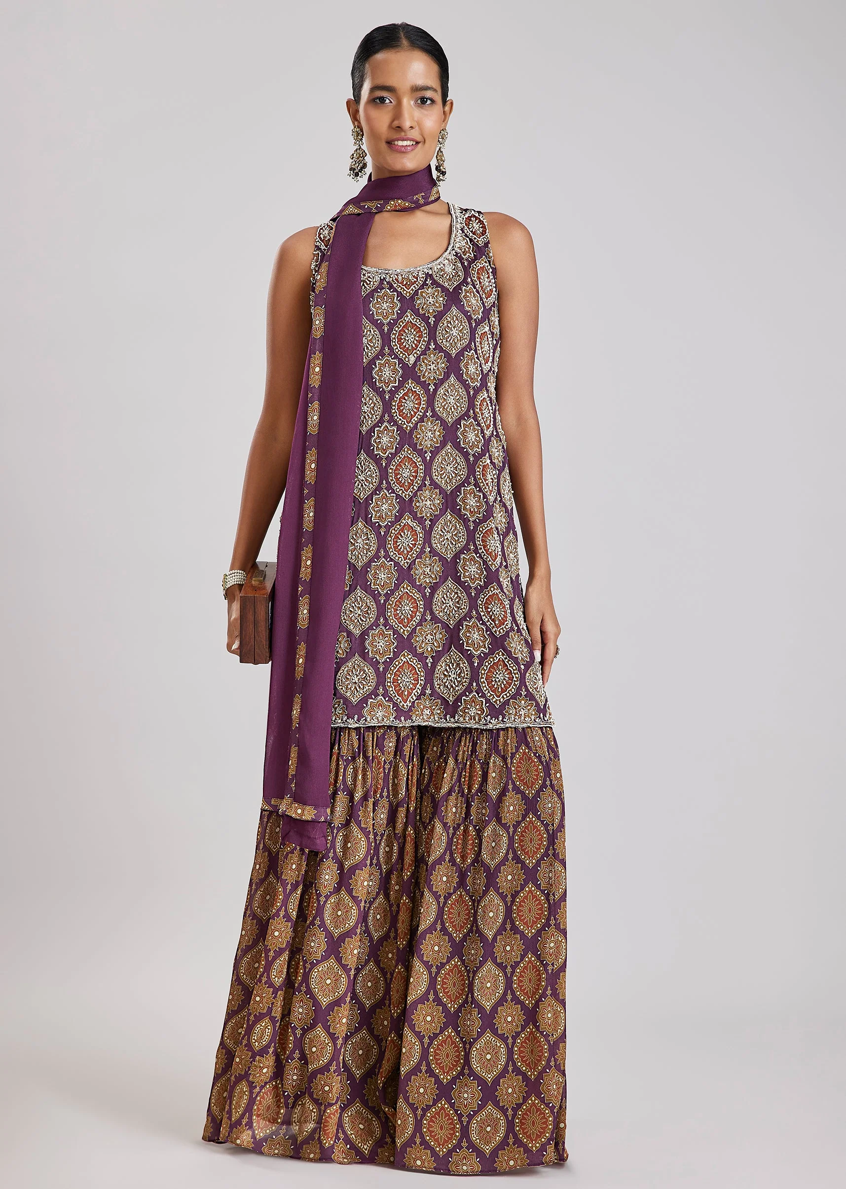 Purple Printed Kurta Sharara Set - Image 3