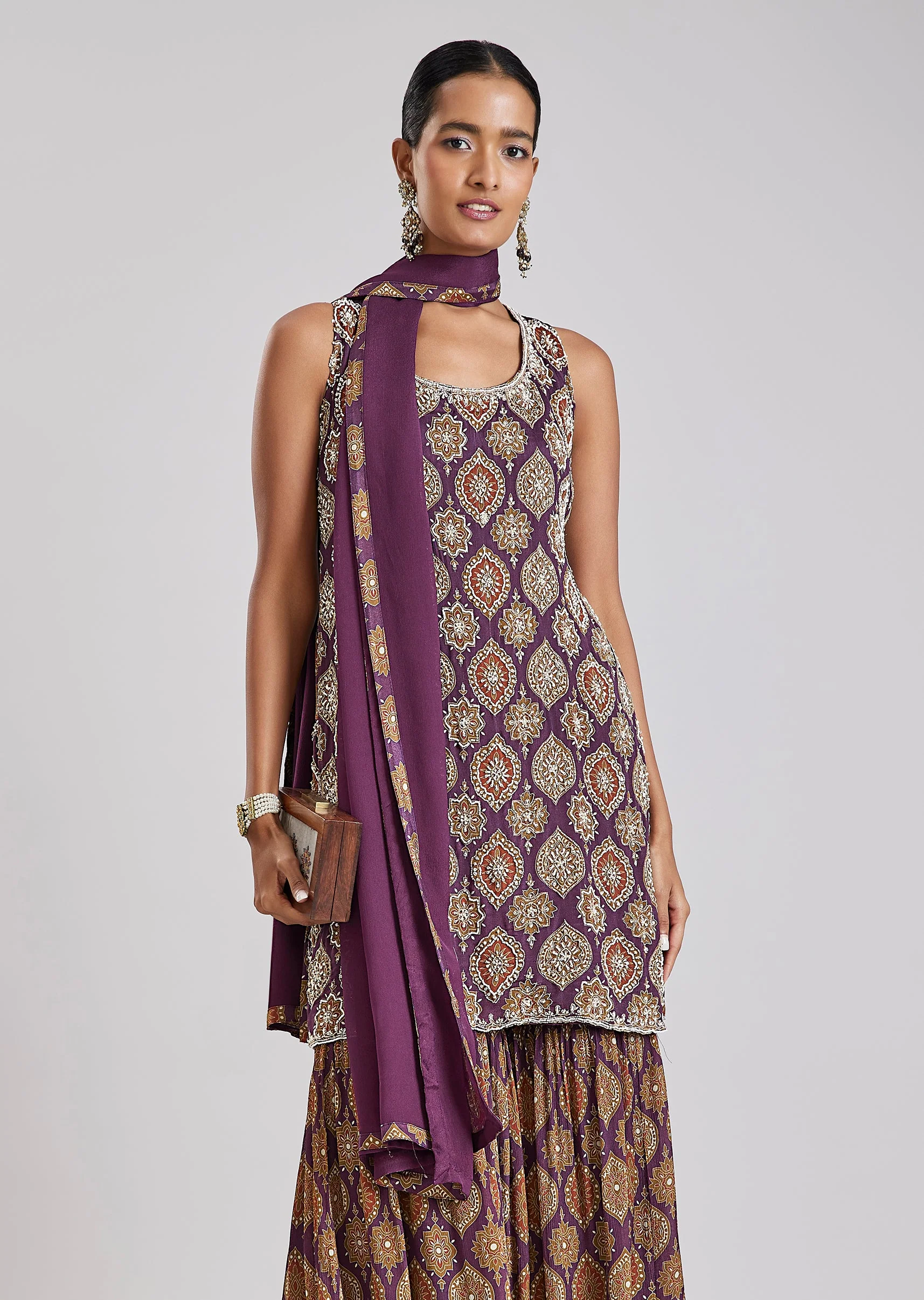 Purple Printed Kurta Sharara Set - Image 4