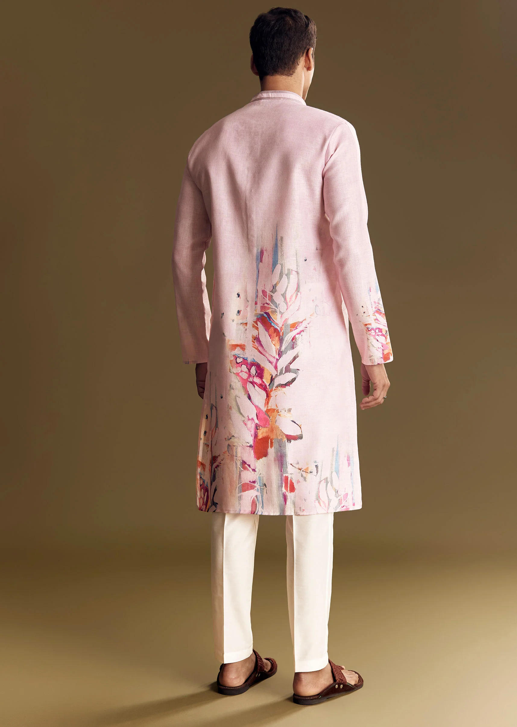 Purple Printed Linen Kurta Set With Mandarin Collar - Image 5