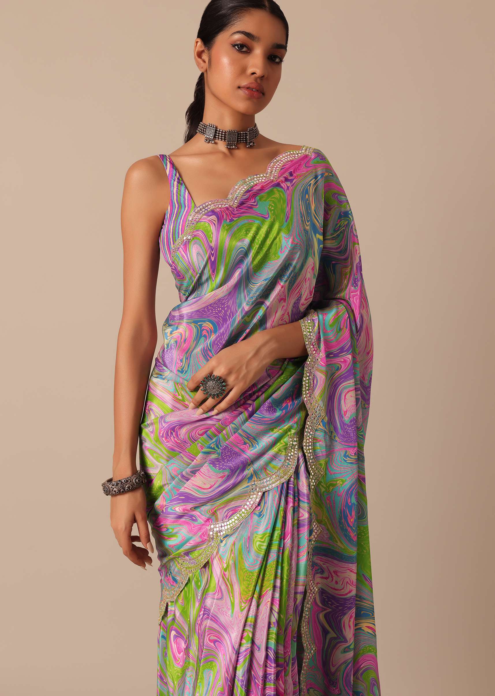 Purple Printed Saree With Mirror Work And Unstitched Blouse Piece - Image 2