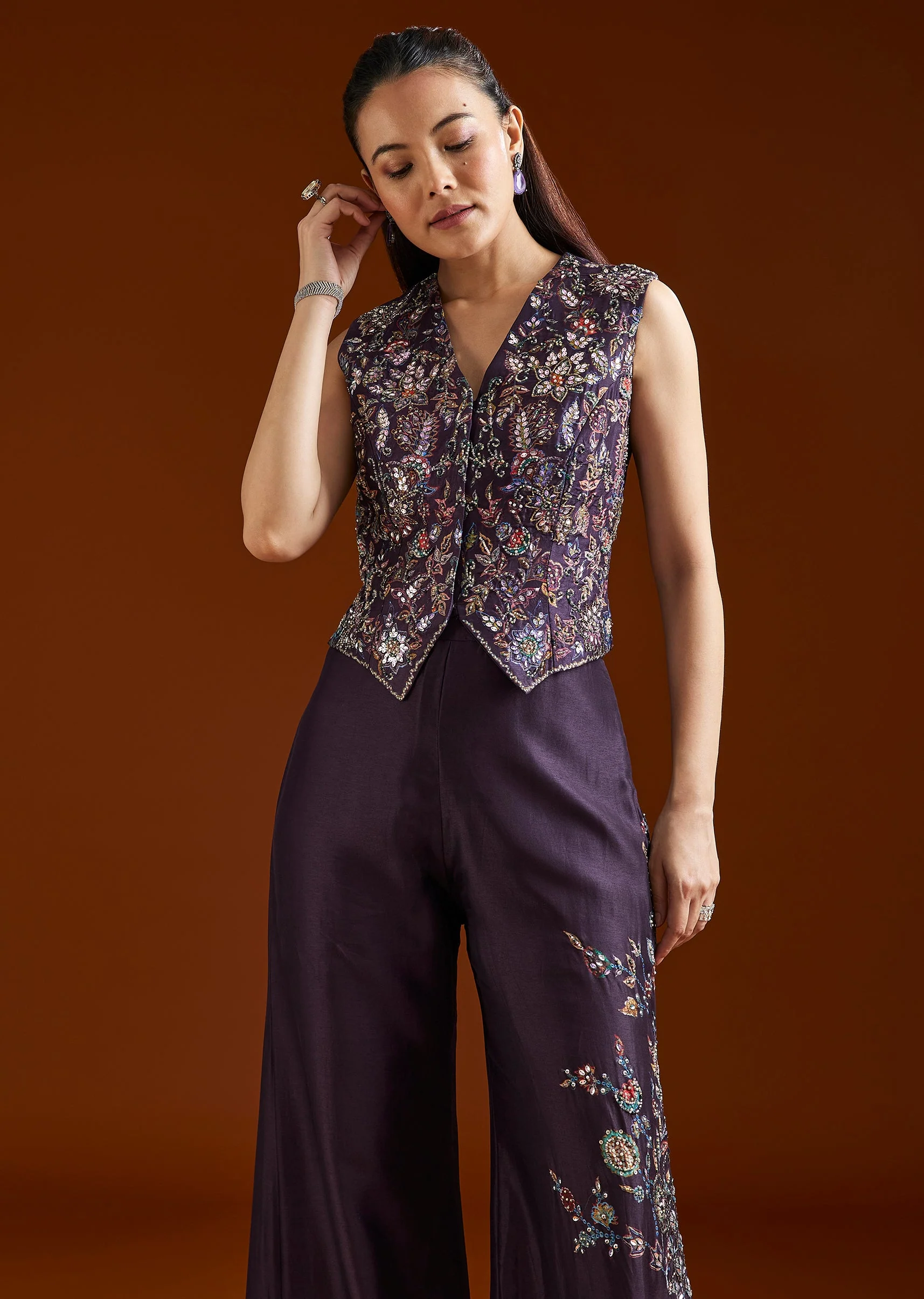 Purple Printed Silk Blend Crop Top Palazzo Set - Image 5