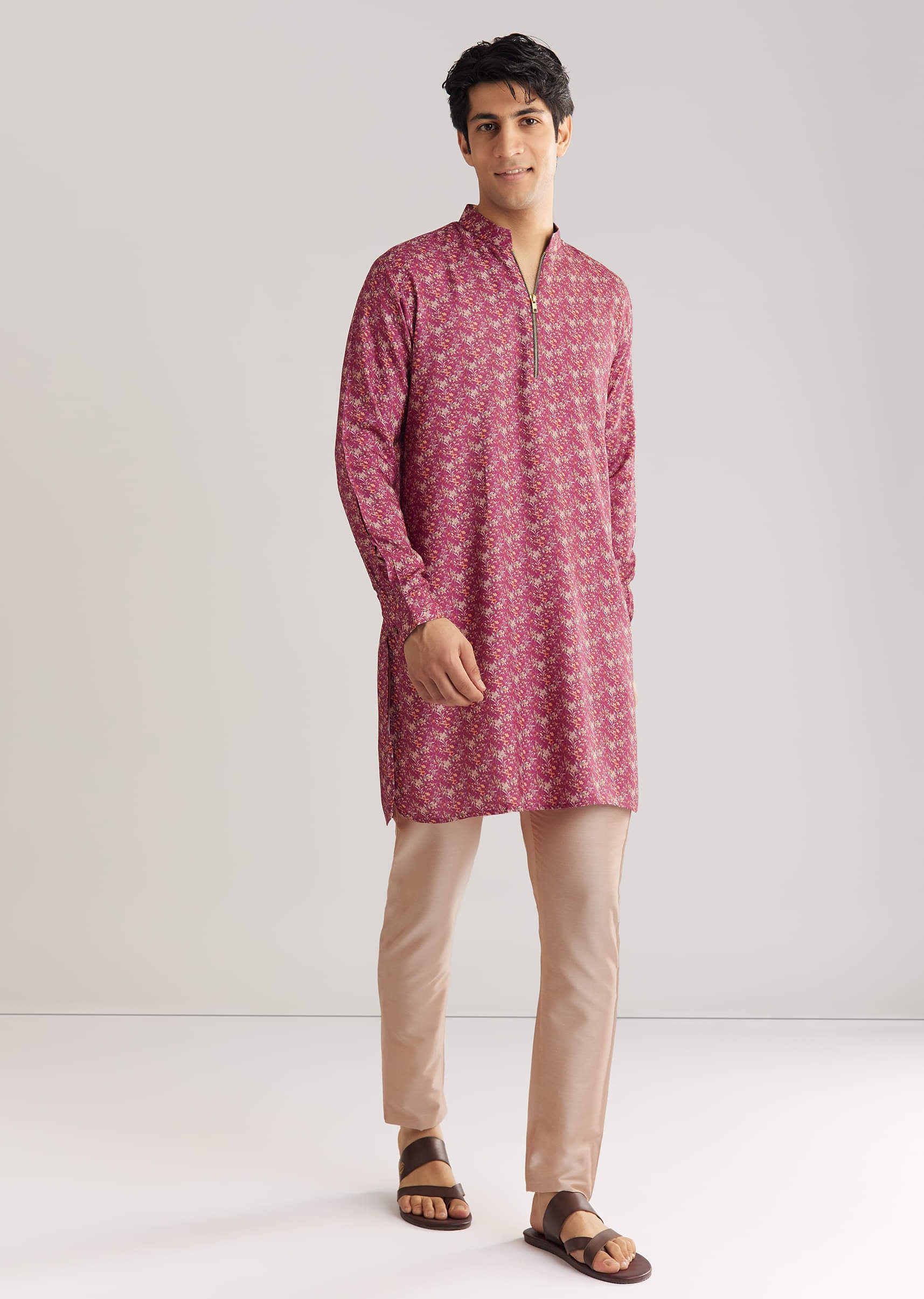 Purple Printed Zipper Kurta Pant Set - Image 2