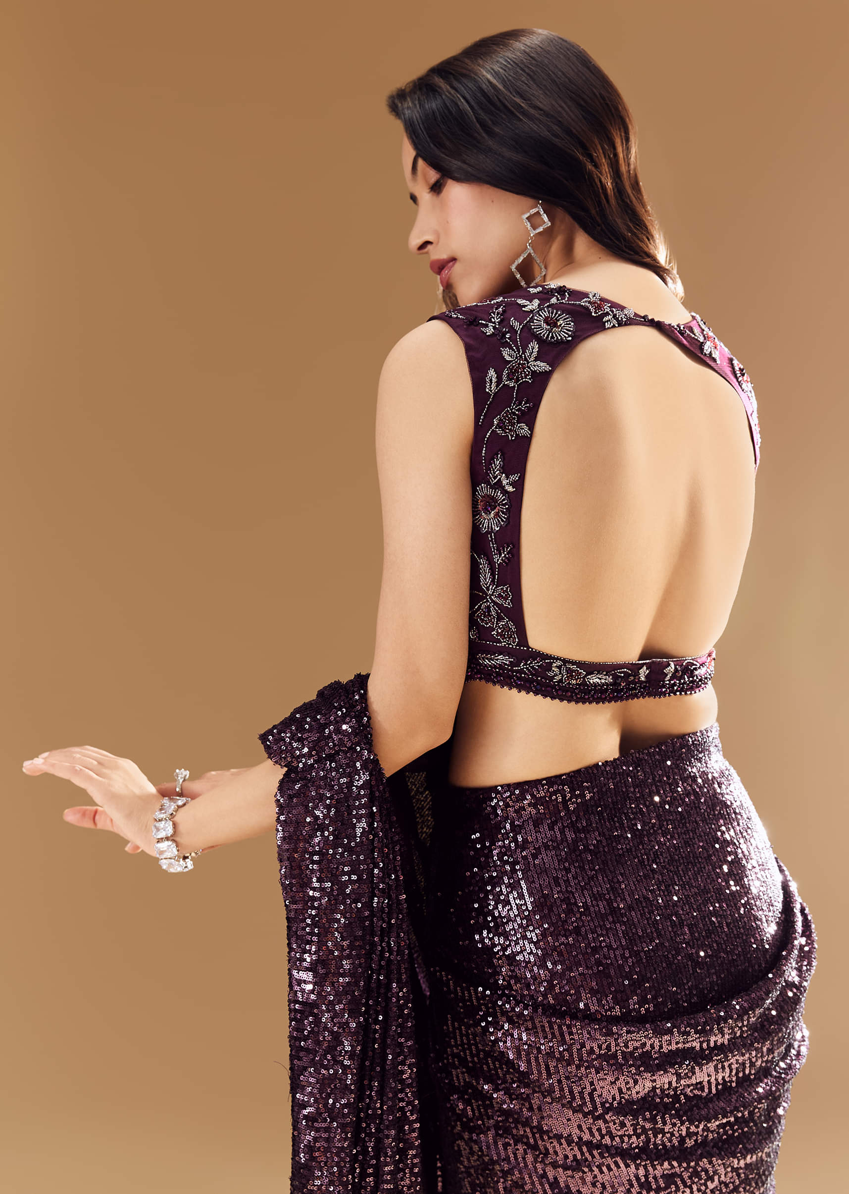 Purple Ready Pleated Shimmer Net Saree with Blouse - Image 6