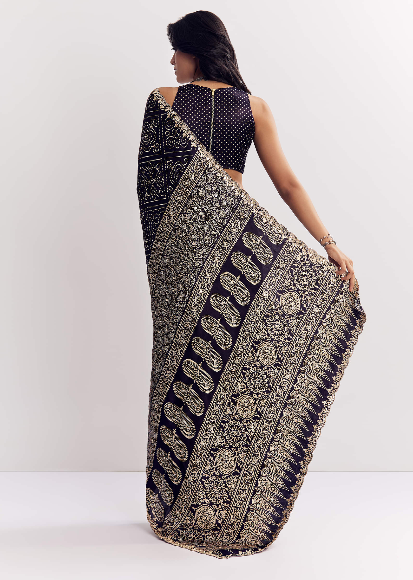 Purple Satin Ajrakh Printed Saree With Gota And Mirror Embroidery - Image 4