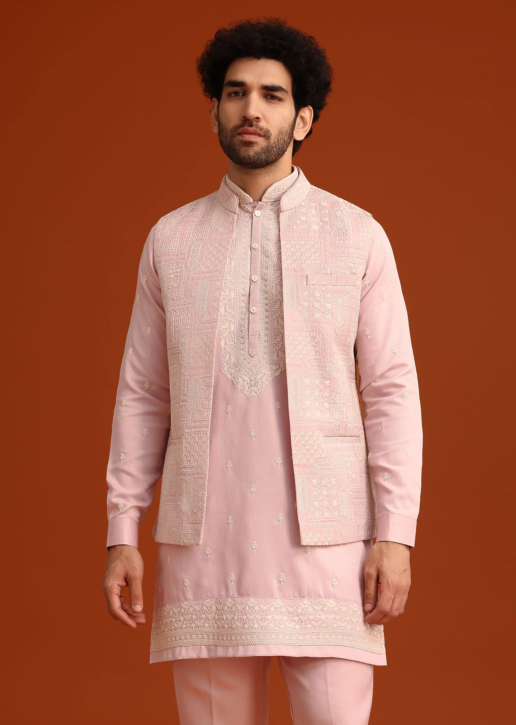Purple Satin Embroidered Jacket Kurta Set - Image 3