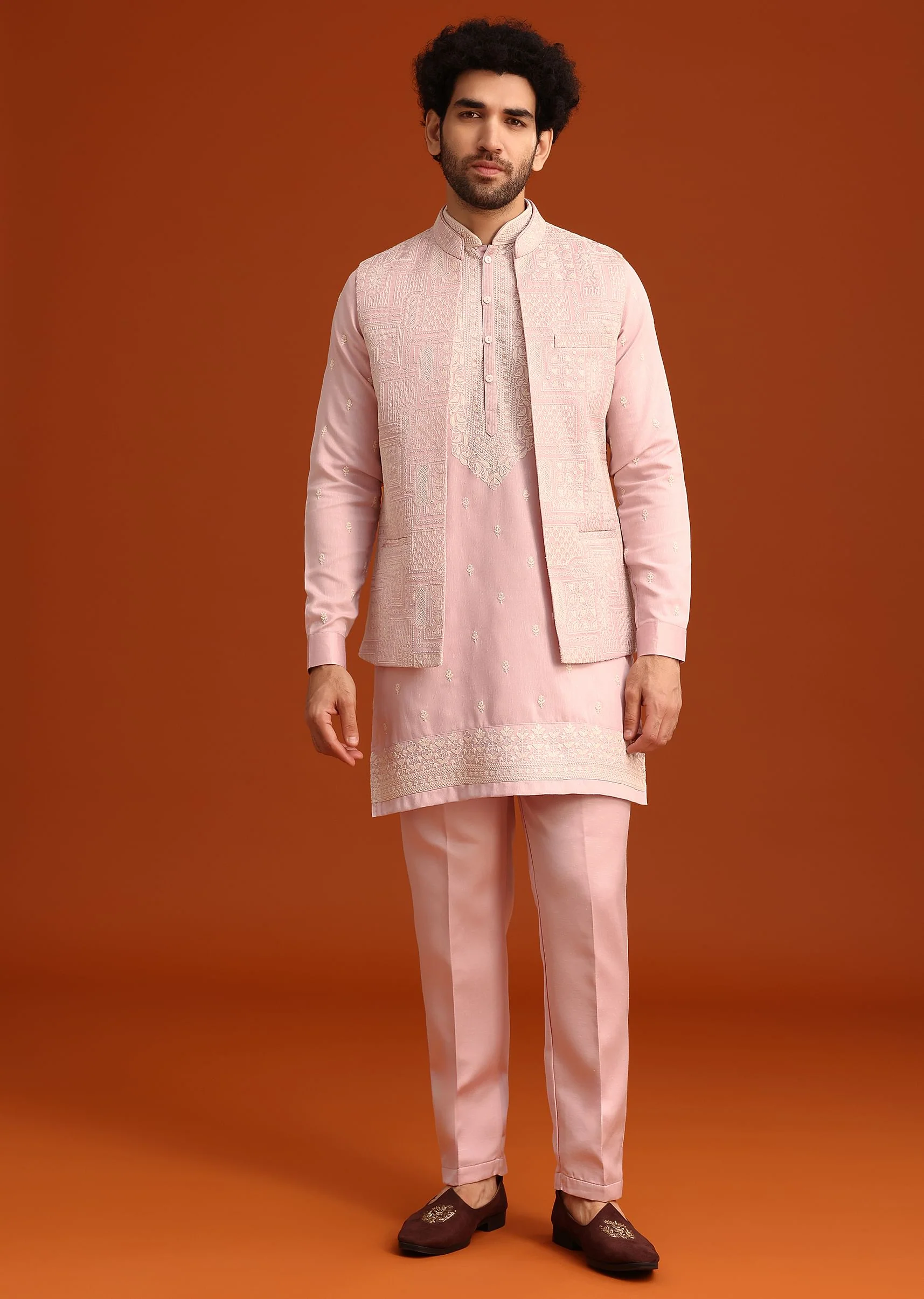 Purple Satin Embroidered Jacket Kurta Set - Image 4