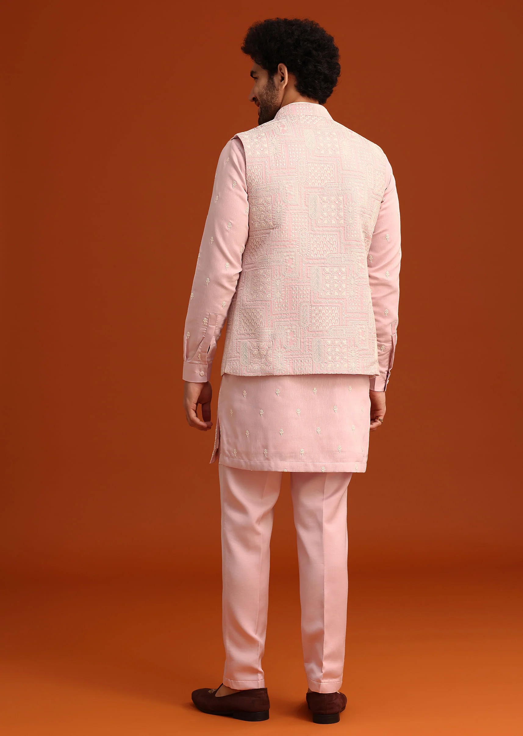 Purple Satin Embroidered Jacket Kurta Set - Image 5