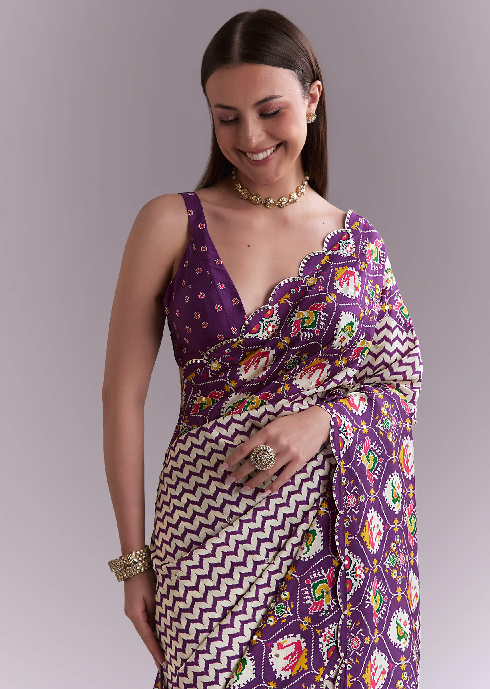 Purple Satin Saree With Ikat Print And Nature Motifs - Image 2
