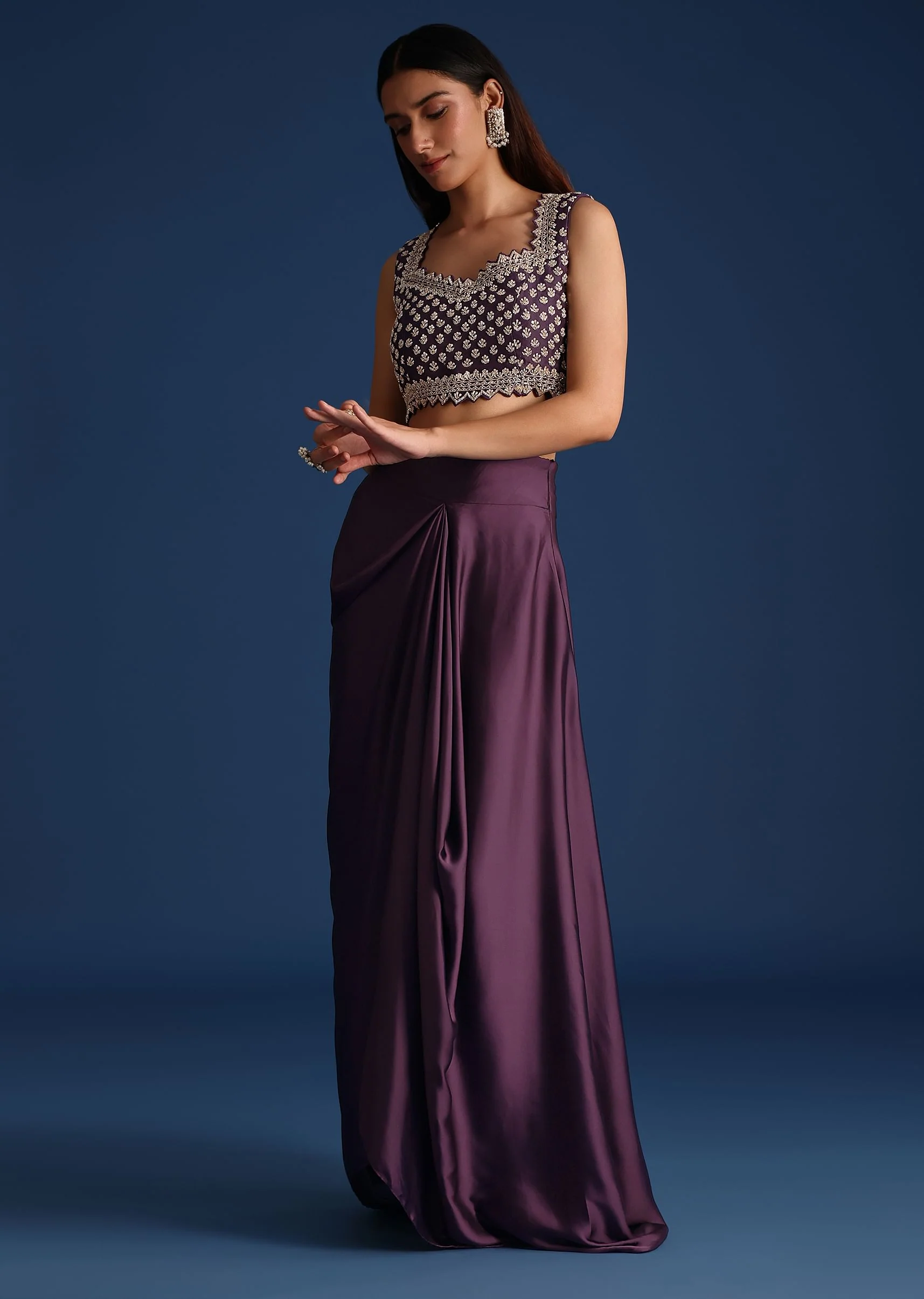 Purple Sequin Work Crop Top With Jacket And Draped Skirt - Image 6