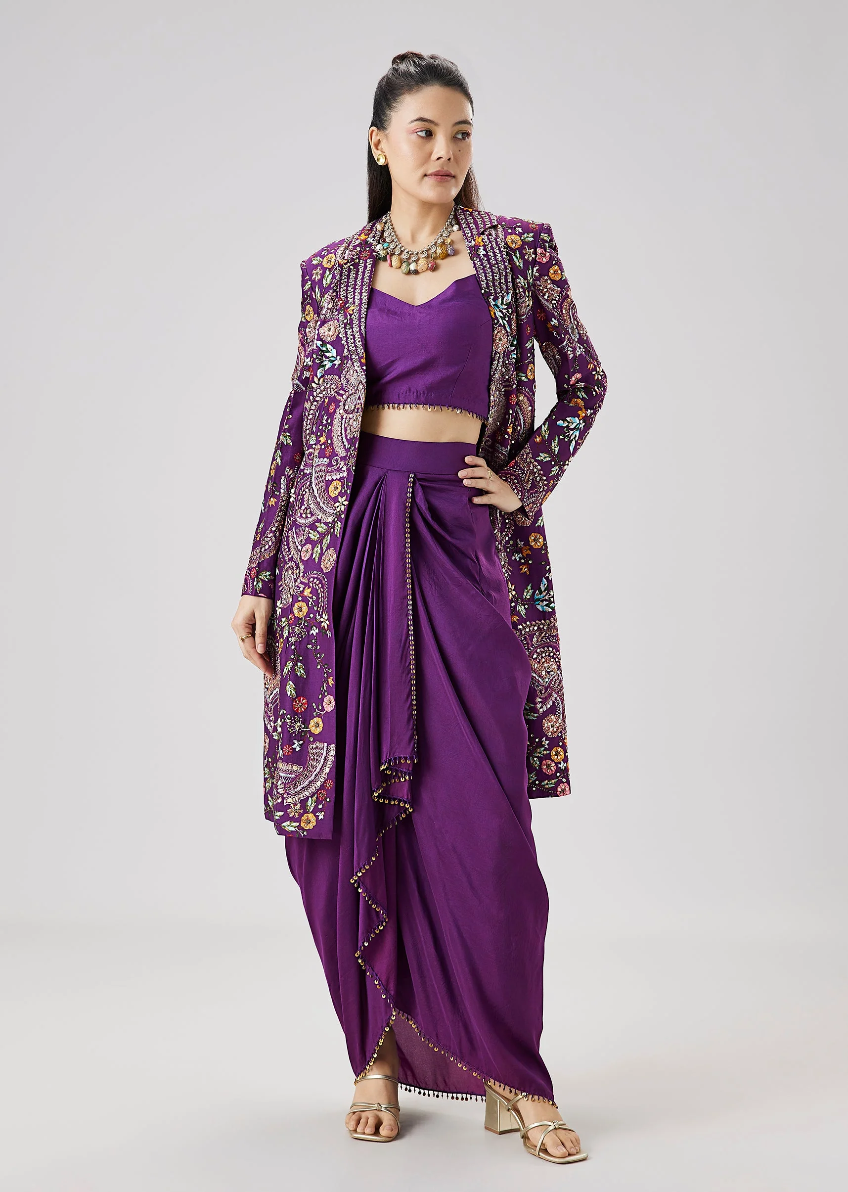 Purple Silk Crop Top Skirt Set With Printed Embellished Jacket