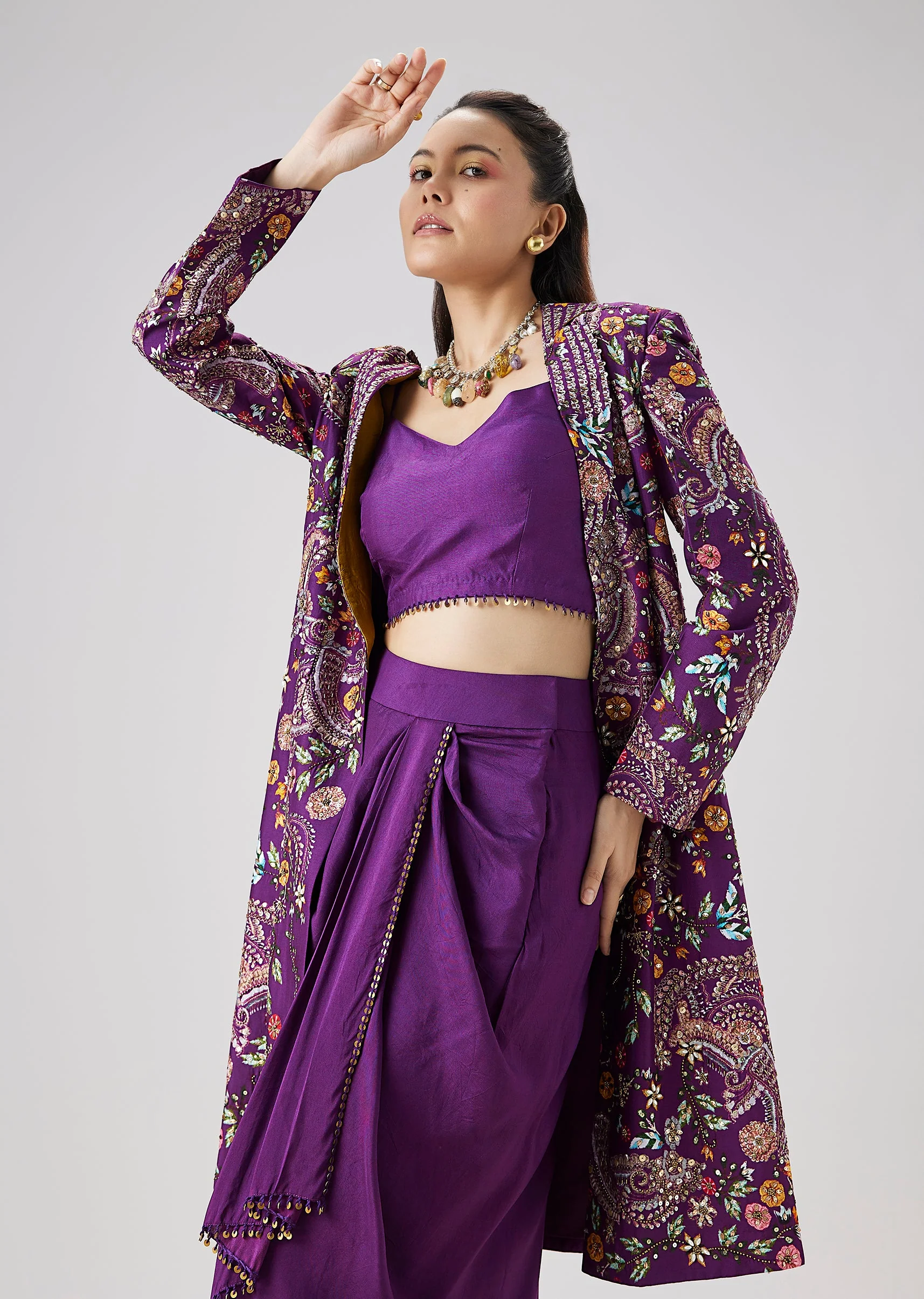 Purple Silk Crop Top Skirt Set With Printed Embellished Jacket - Image 4