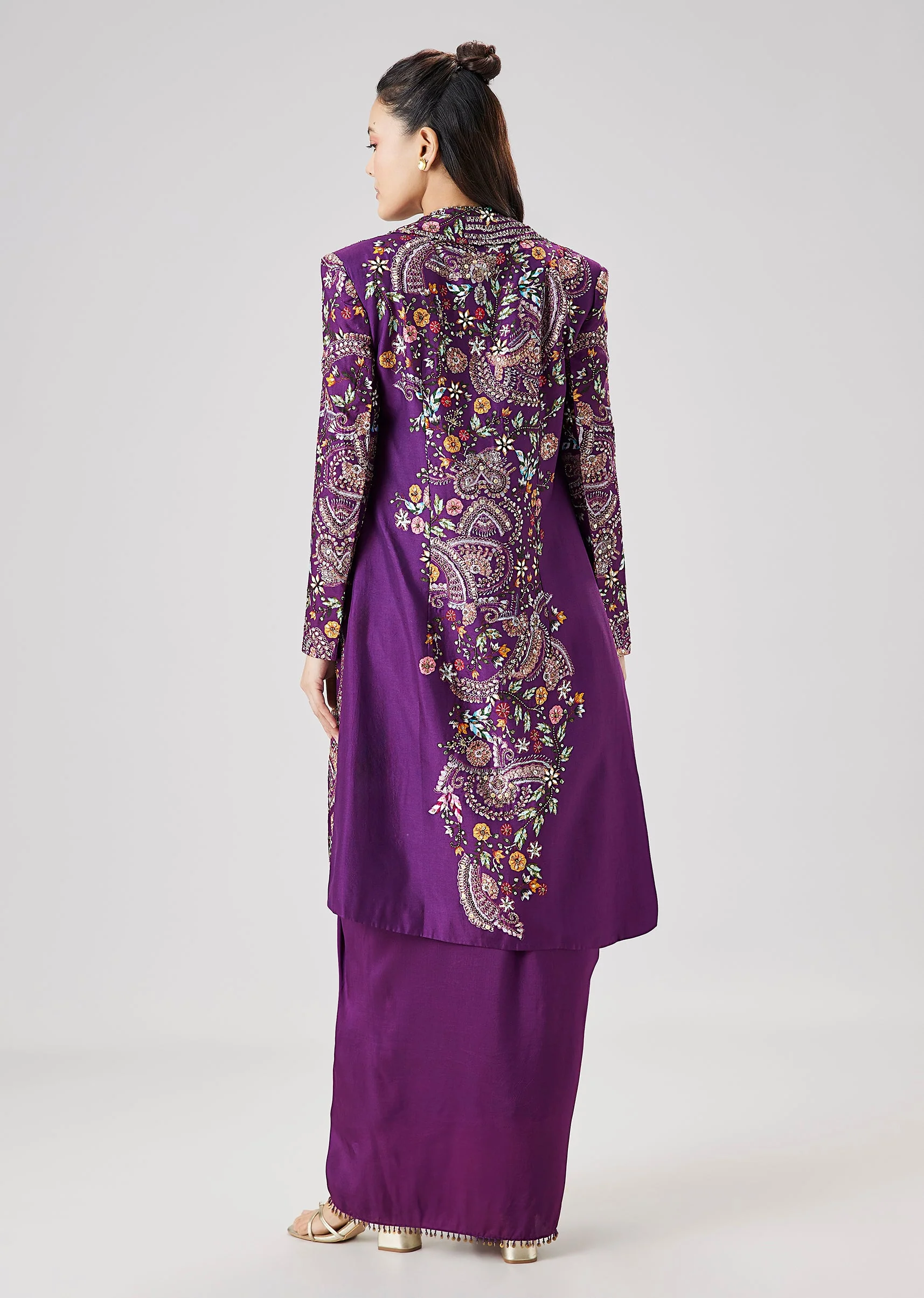Purple Silk Crop Top Skirt Set With Printed Embellished Jacket - Image 5