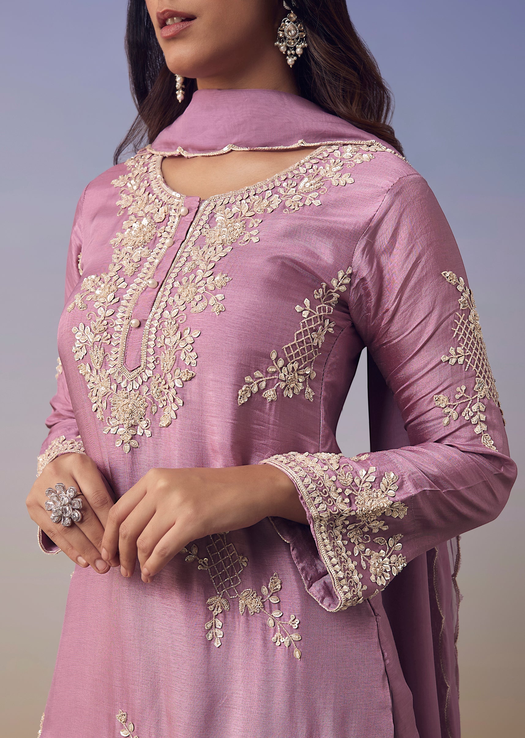 Purple Silk Embroidered Kurta and Palazzo Set - Image 2