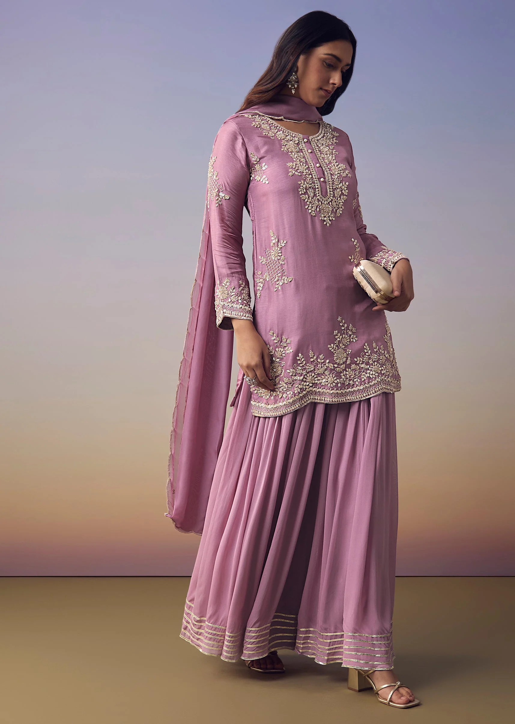 Purple Silk Embroidered Kurta and Palazzo Set - Image 3