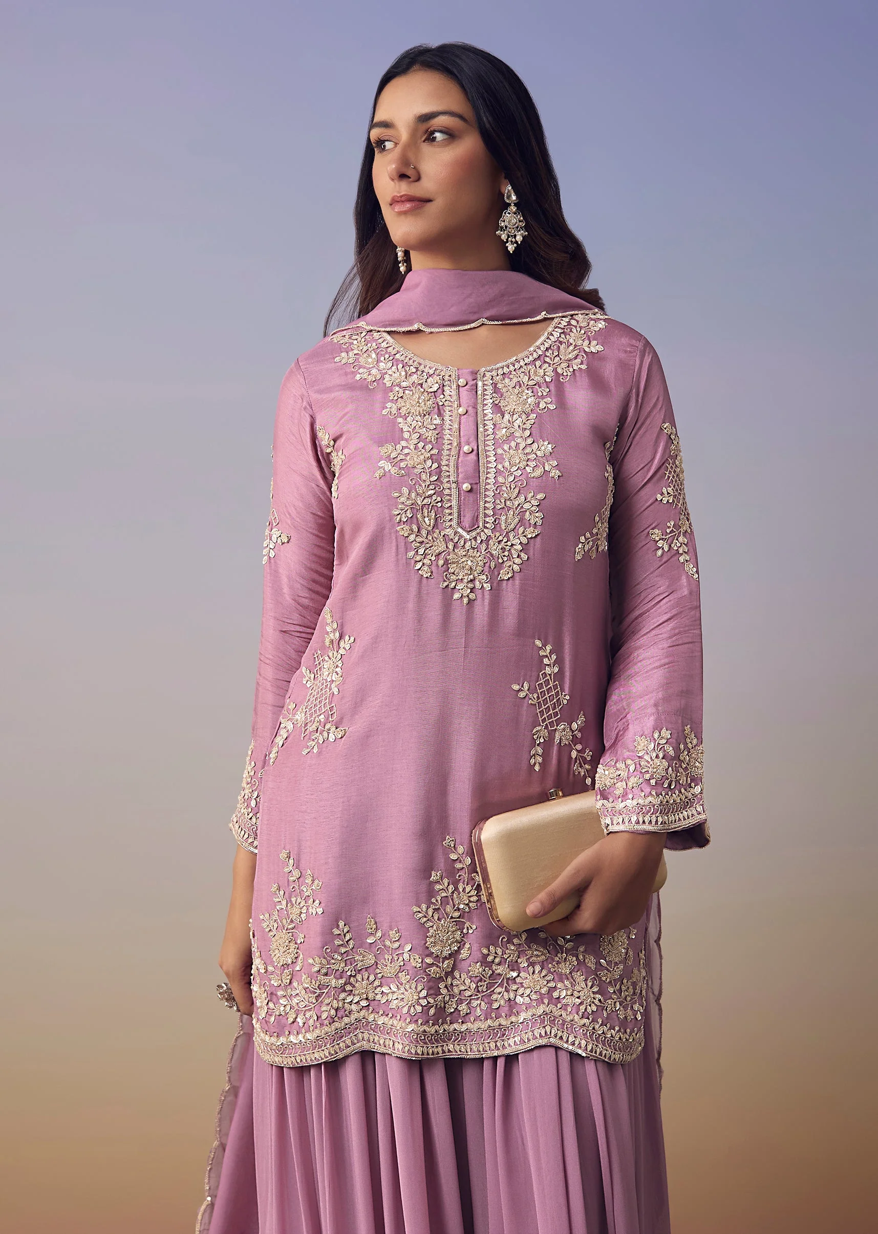 Purple Silk Embroidered Kurta and Palazzo Set - Image 4