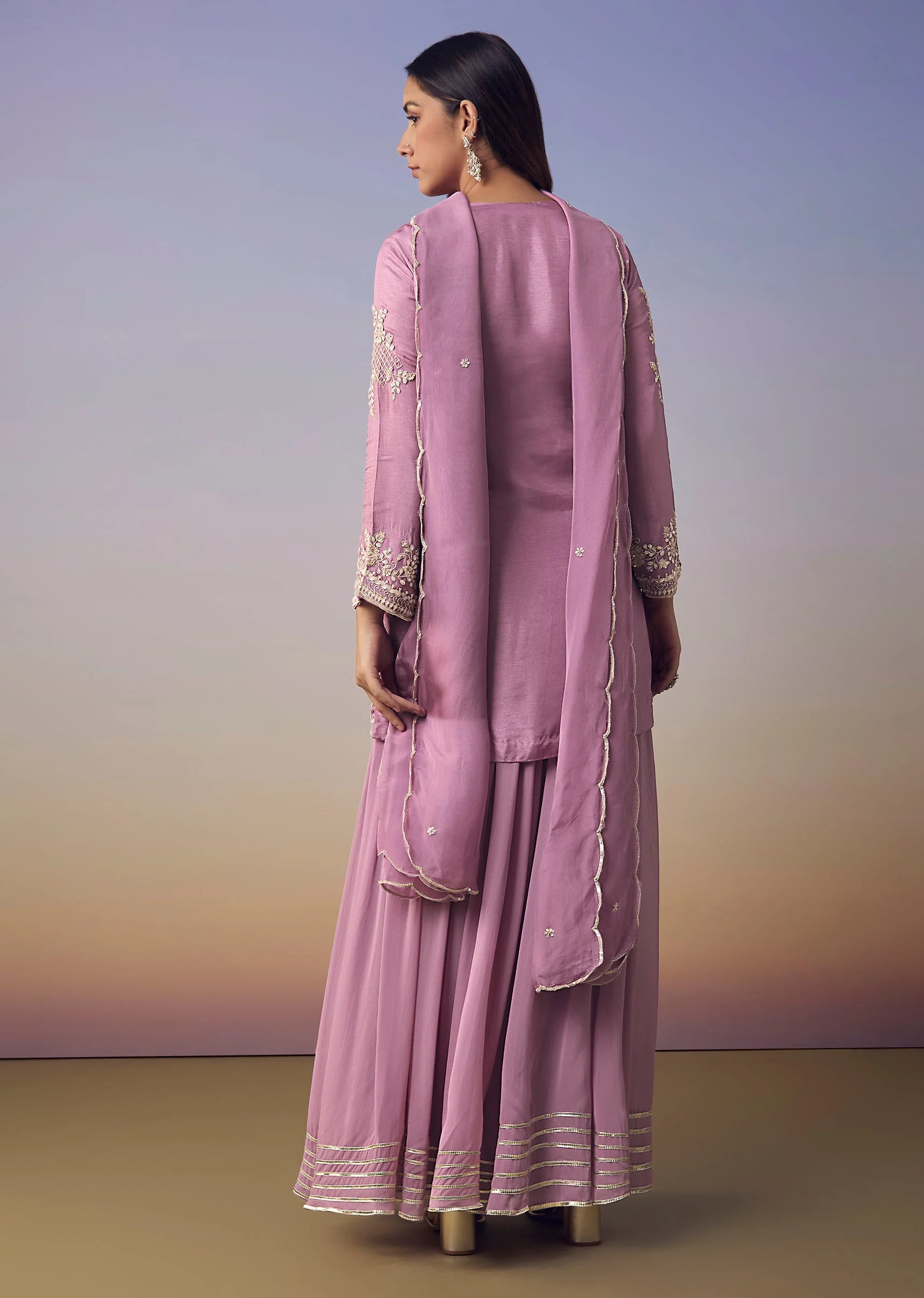 Purple Silk Embroidered Kurta and Palazzo Set - Image 5