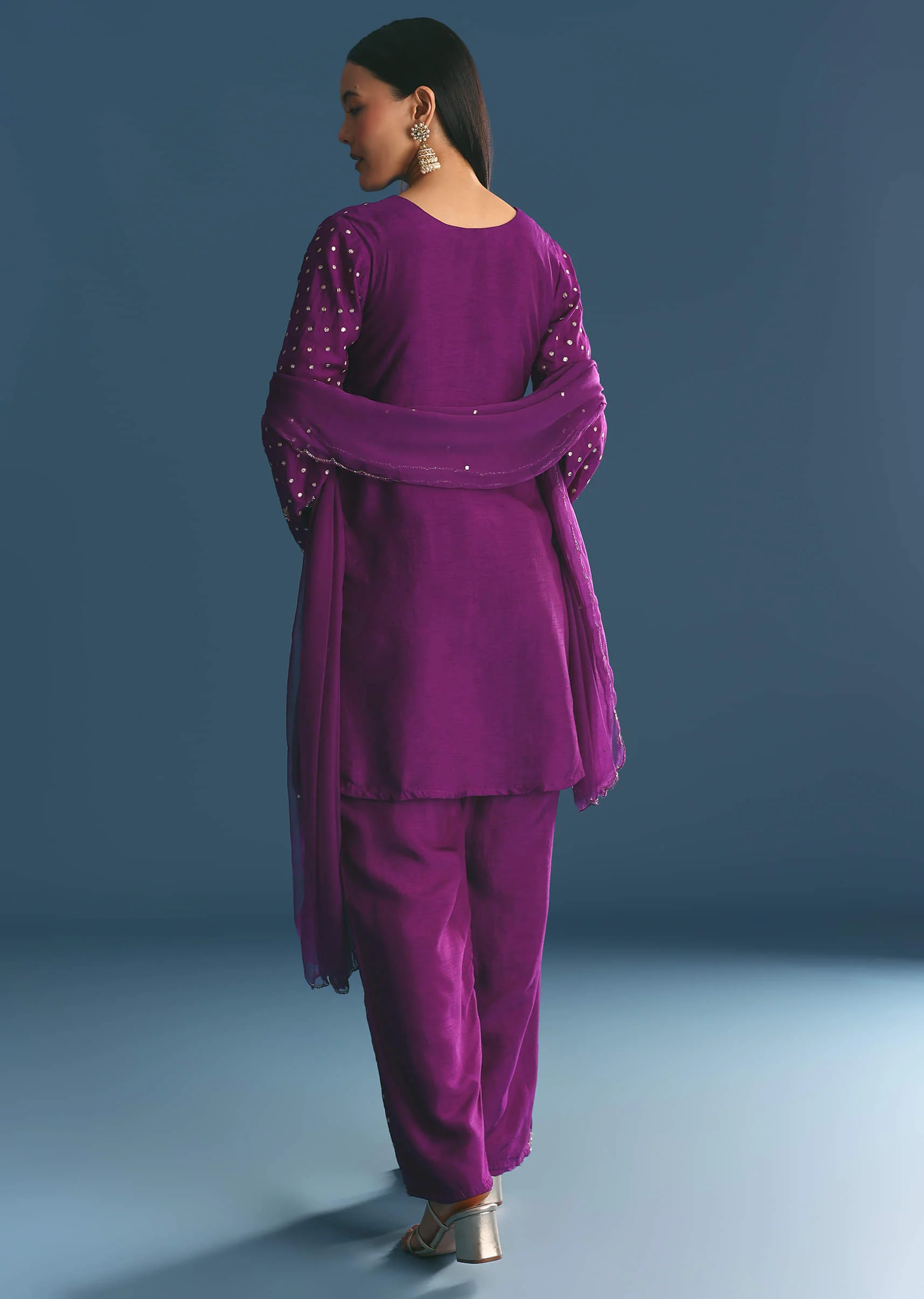 Purple Silk Embroidered Kurta Set With Dupatta - Image 5