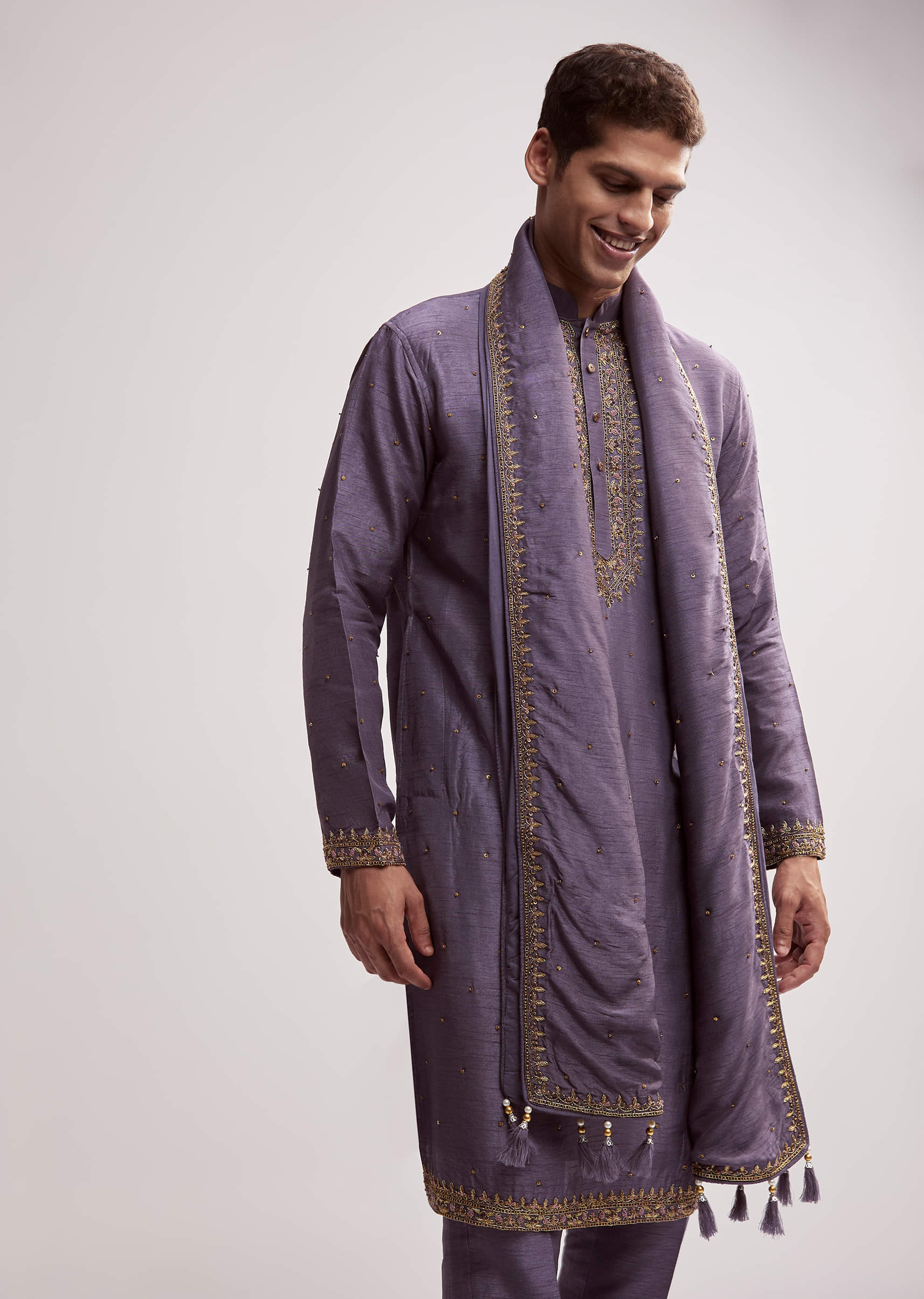 Purple Silk Kurta Set For Men With Hand Embroidery - Image 2