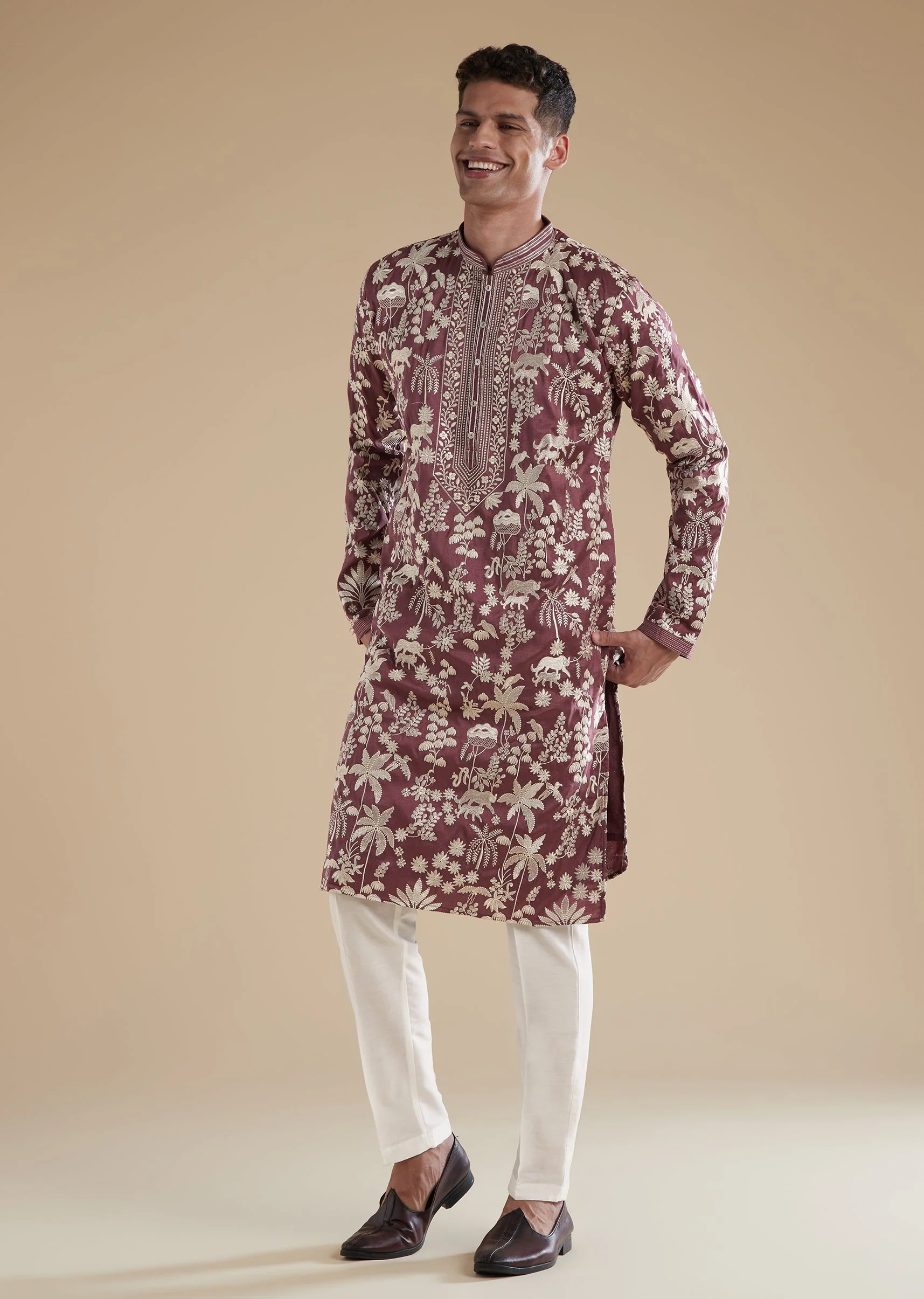 Purple Silk Kurta Set With Thread Resham Detailing - Image 2