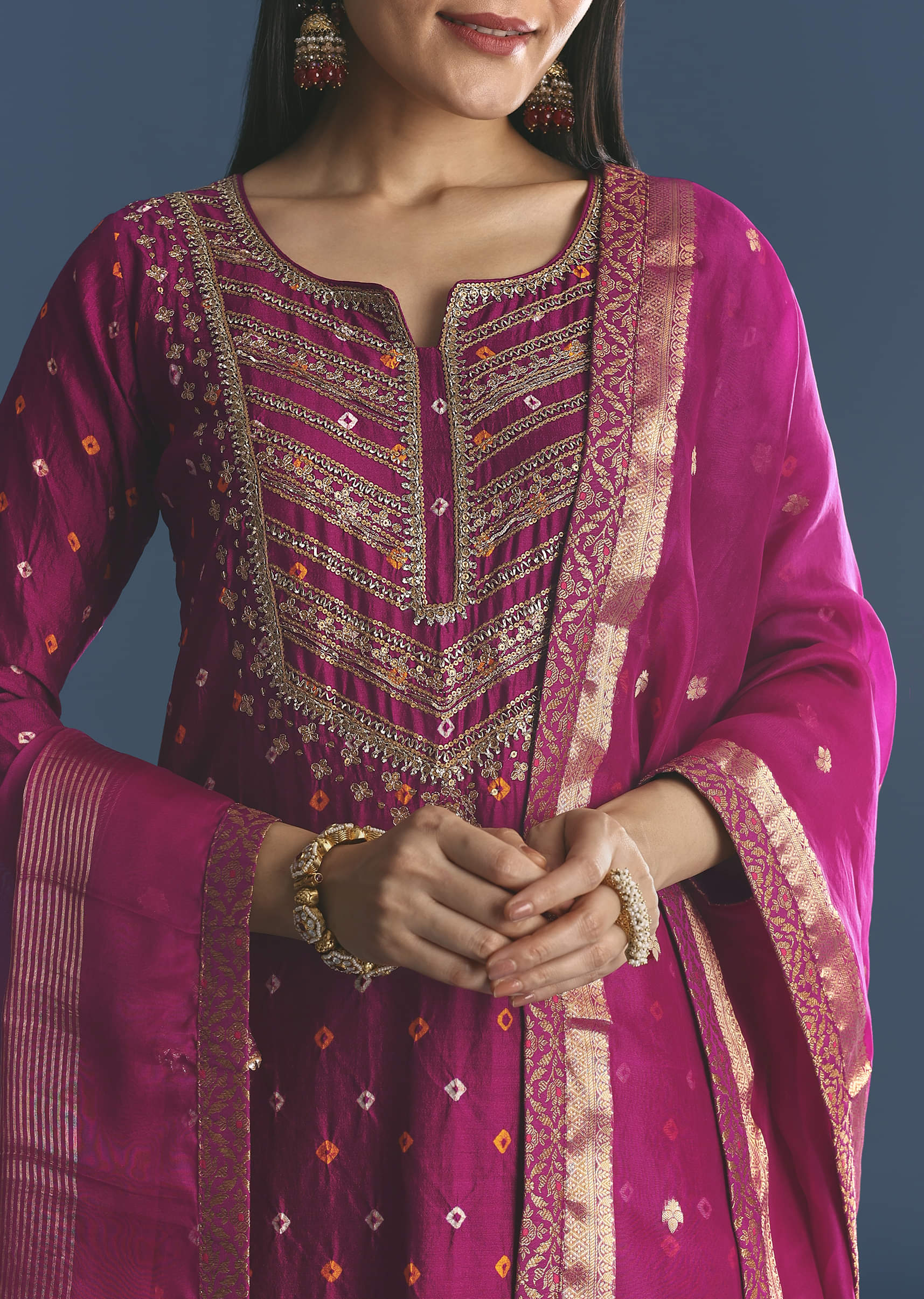 Purple Silk Kurta Sharara Suit With Bandhani And Sequins Work - Image 2