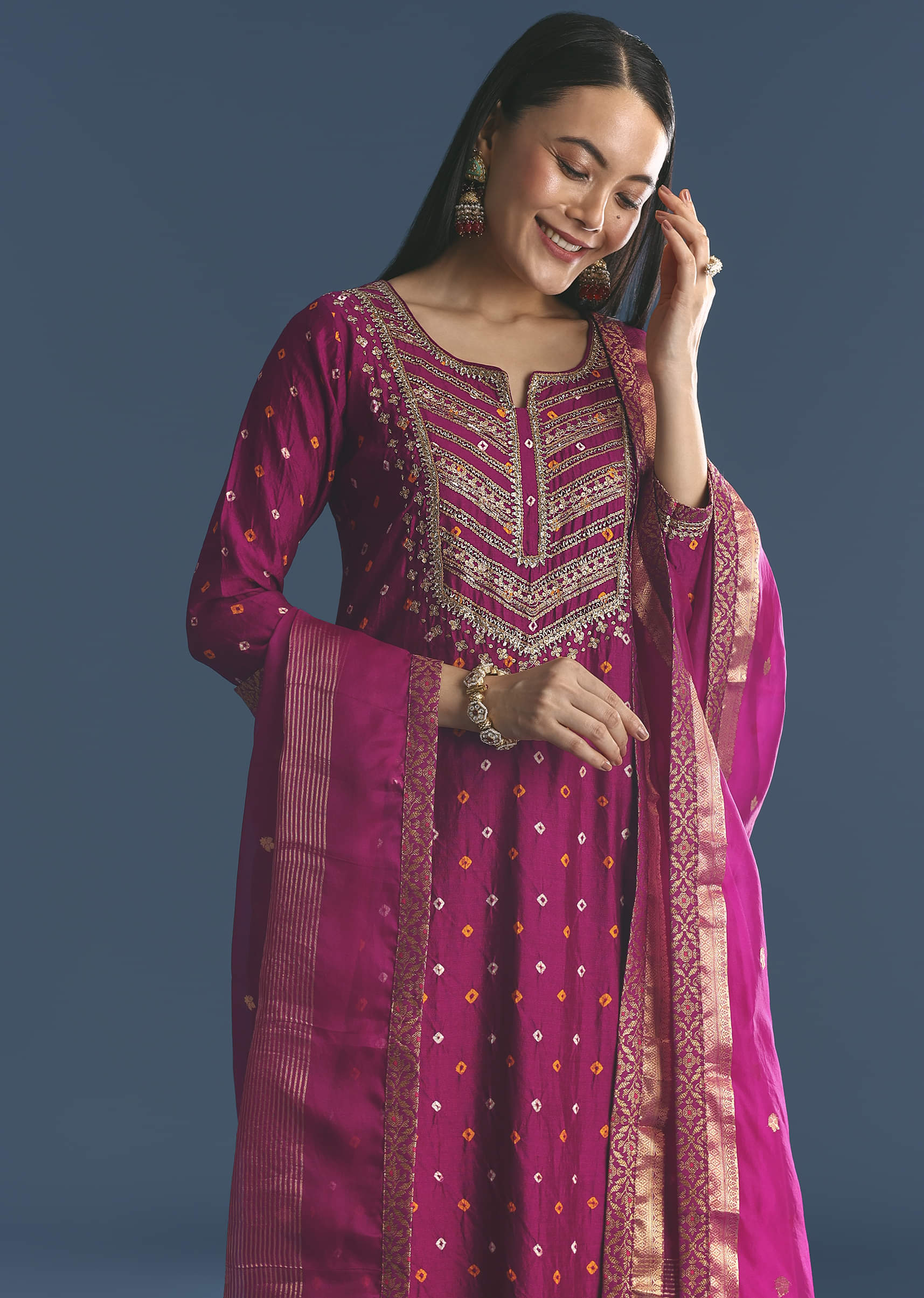 Purple Silk Kurta Sharara Suit With Bandhani And Sequins Work - Image 3
