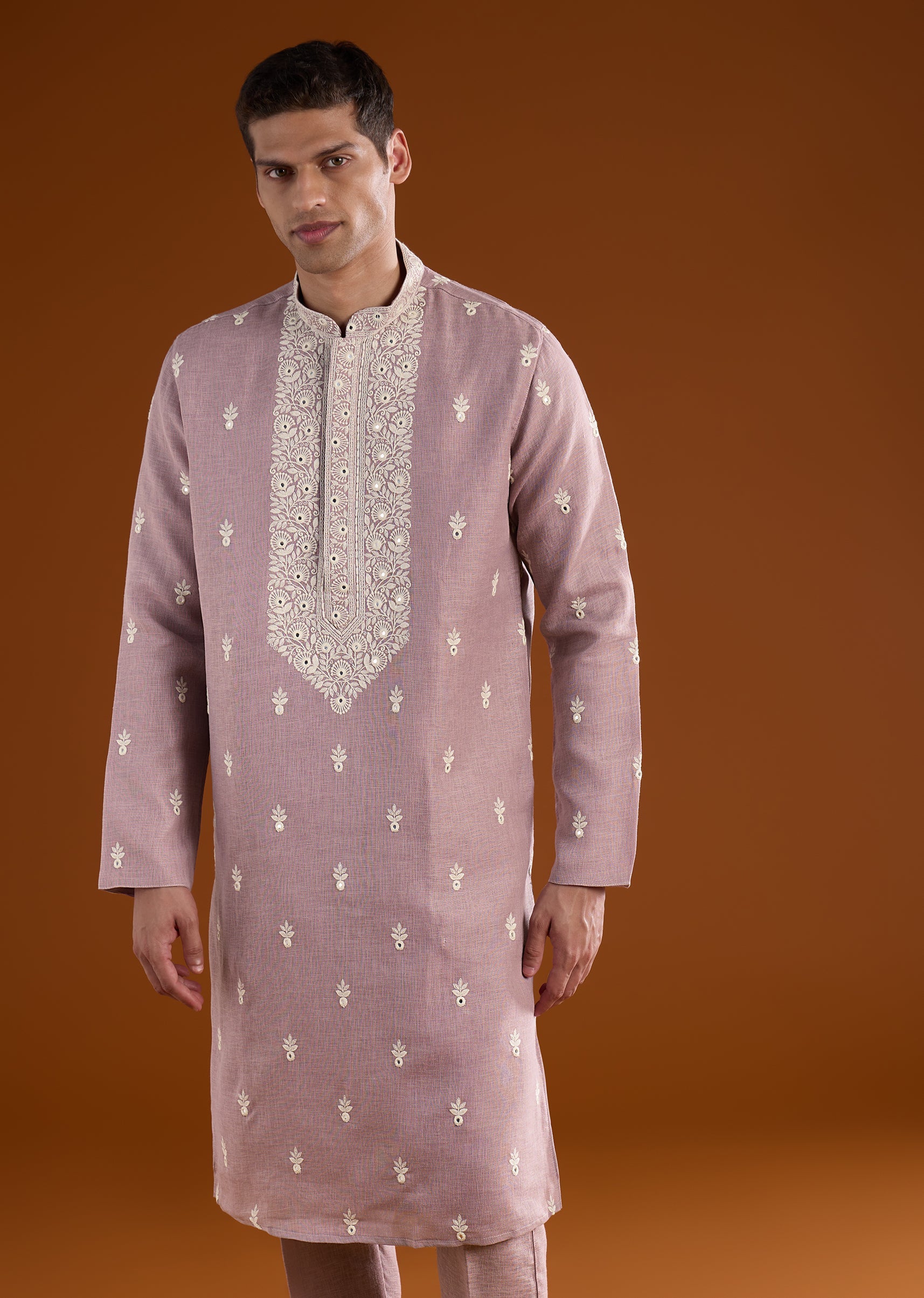 Purple Silk Mens Kurta Set With Thread Resham And Mirror Work - Image 4