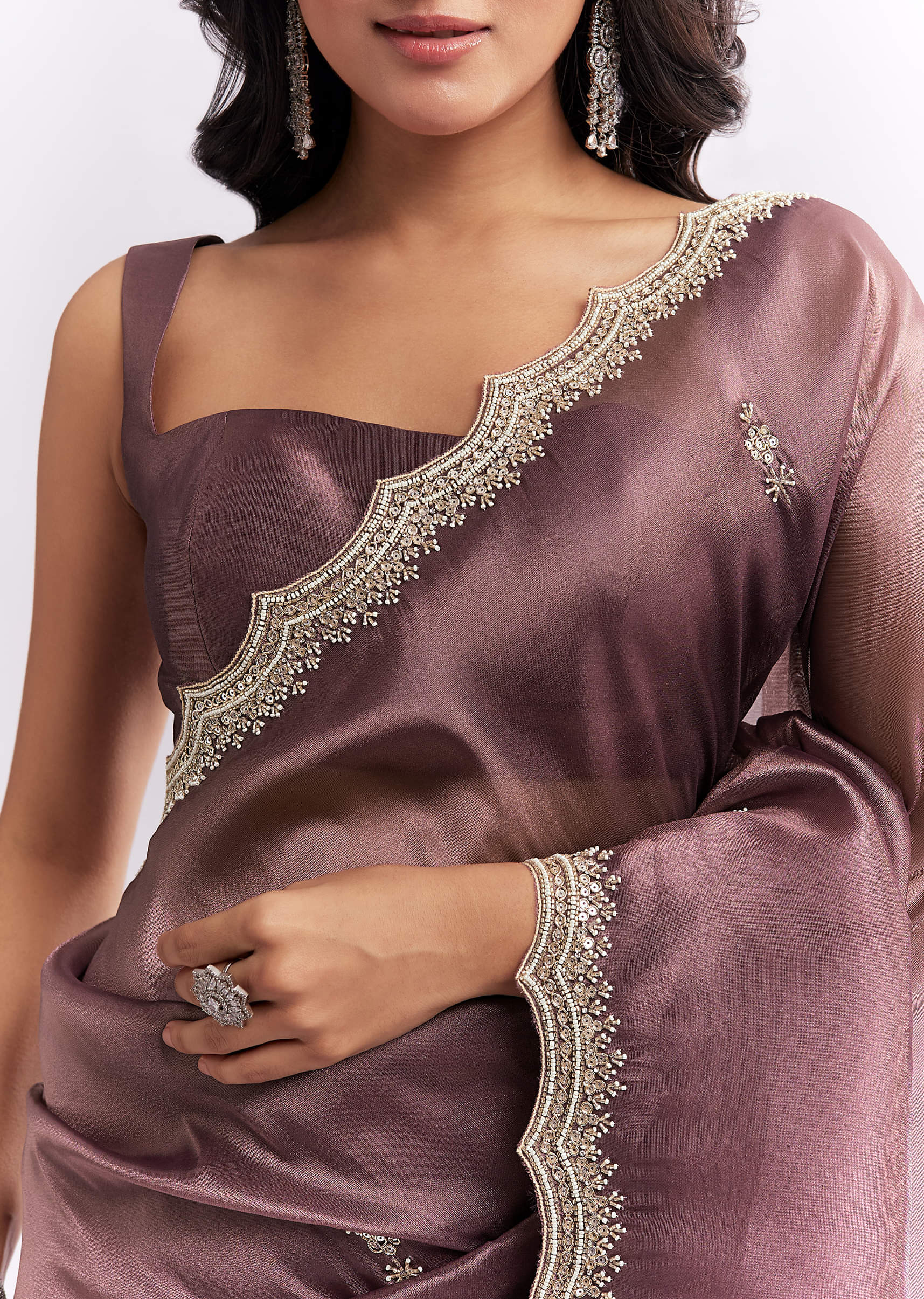 Purple Silk Organza Saree With Heavy Hand Embroidery - Image 2