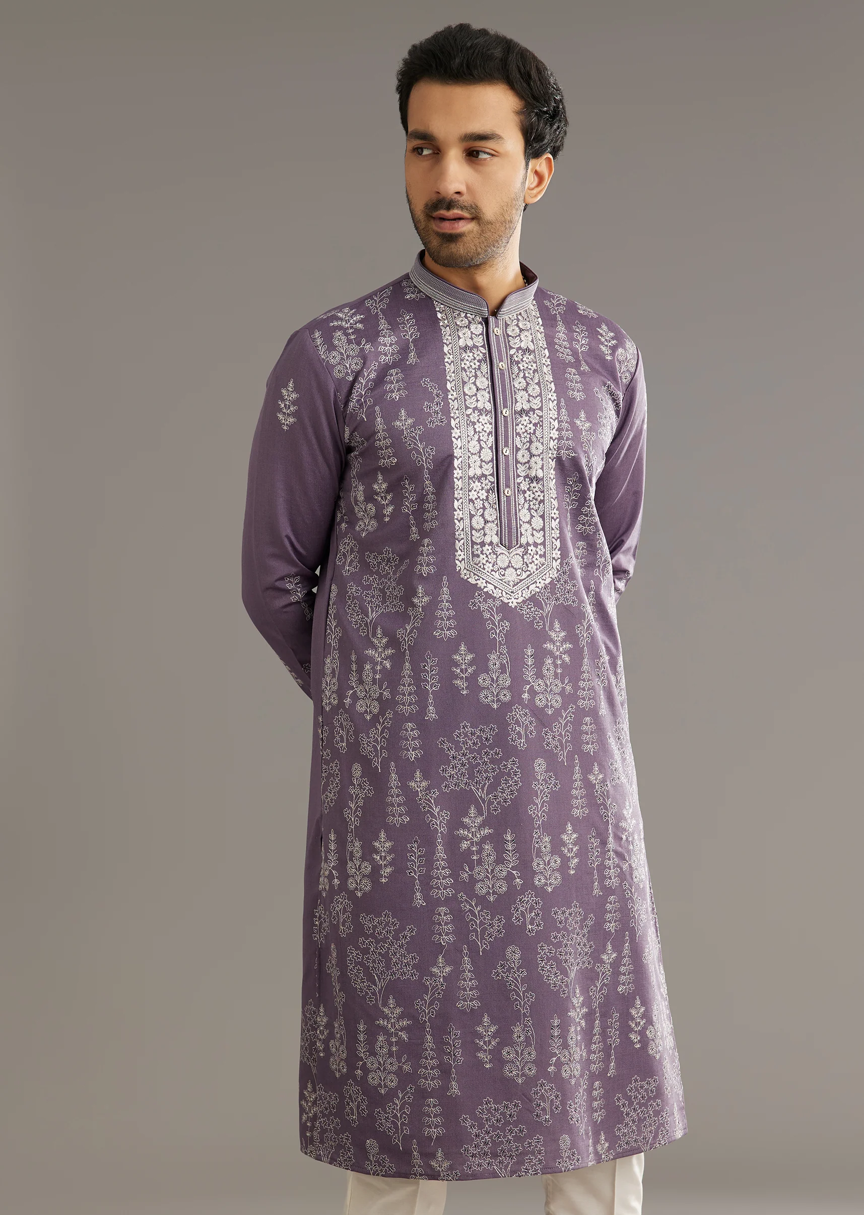 Purple Silk Vine Motif Threadwork Kurta Set - Image 4