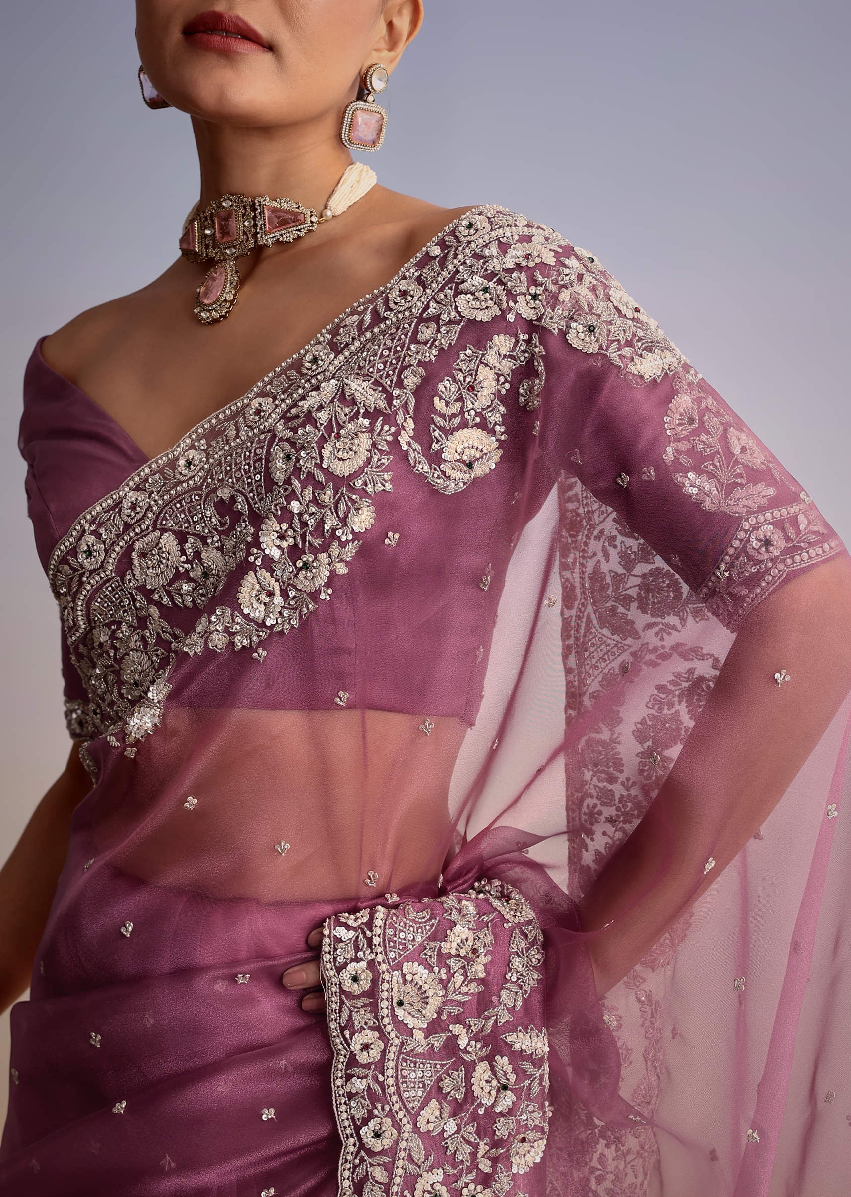 Purple Tissue Embellished Saree With Floral Embroidery All Over - Image 3
