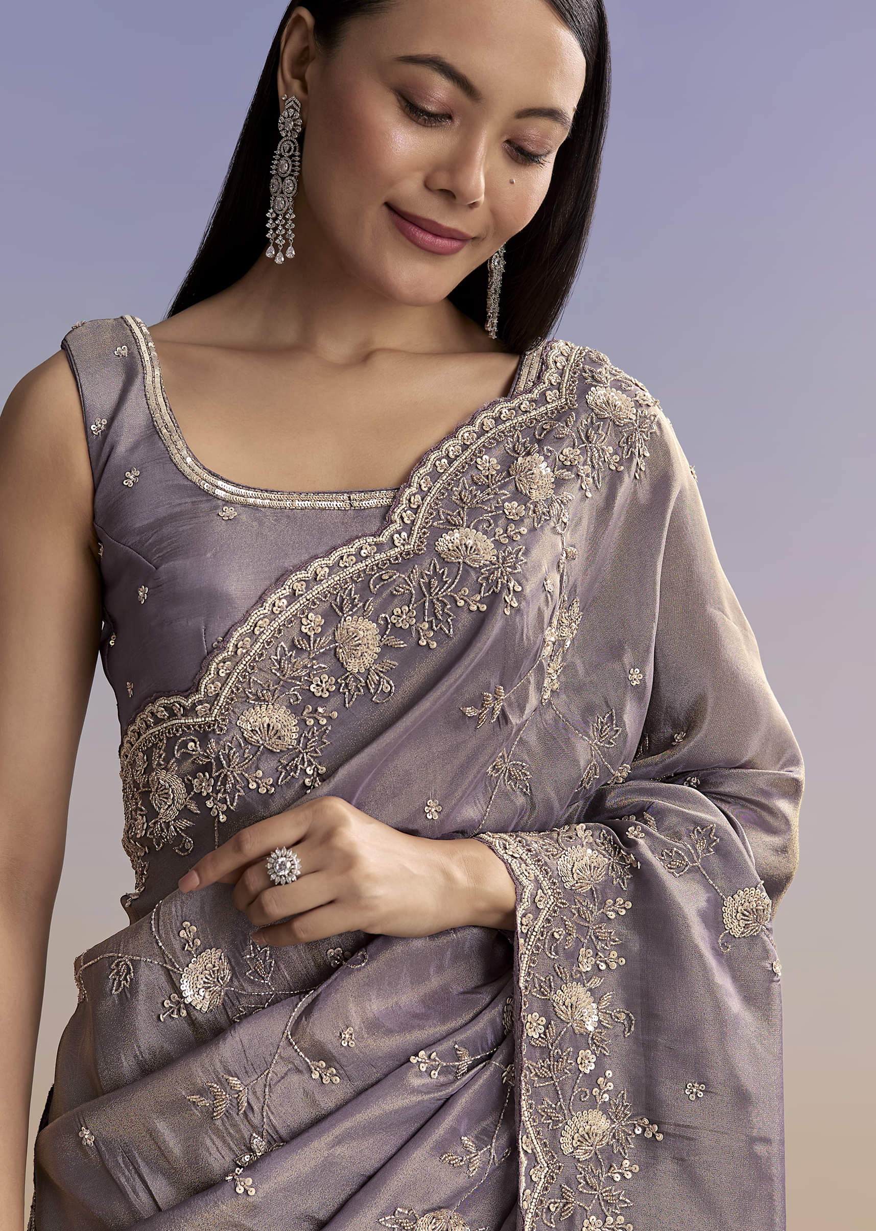 Purple Tissue Saree With Cutdana And Bead Embroidery - Image 4
