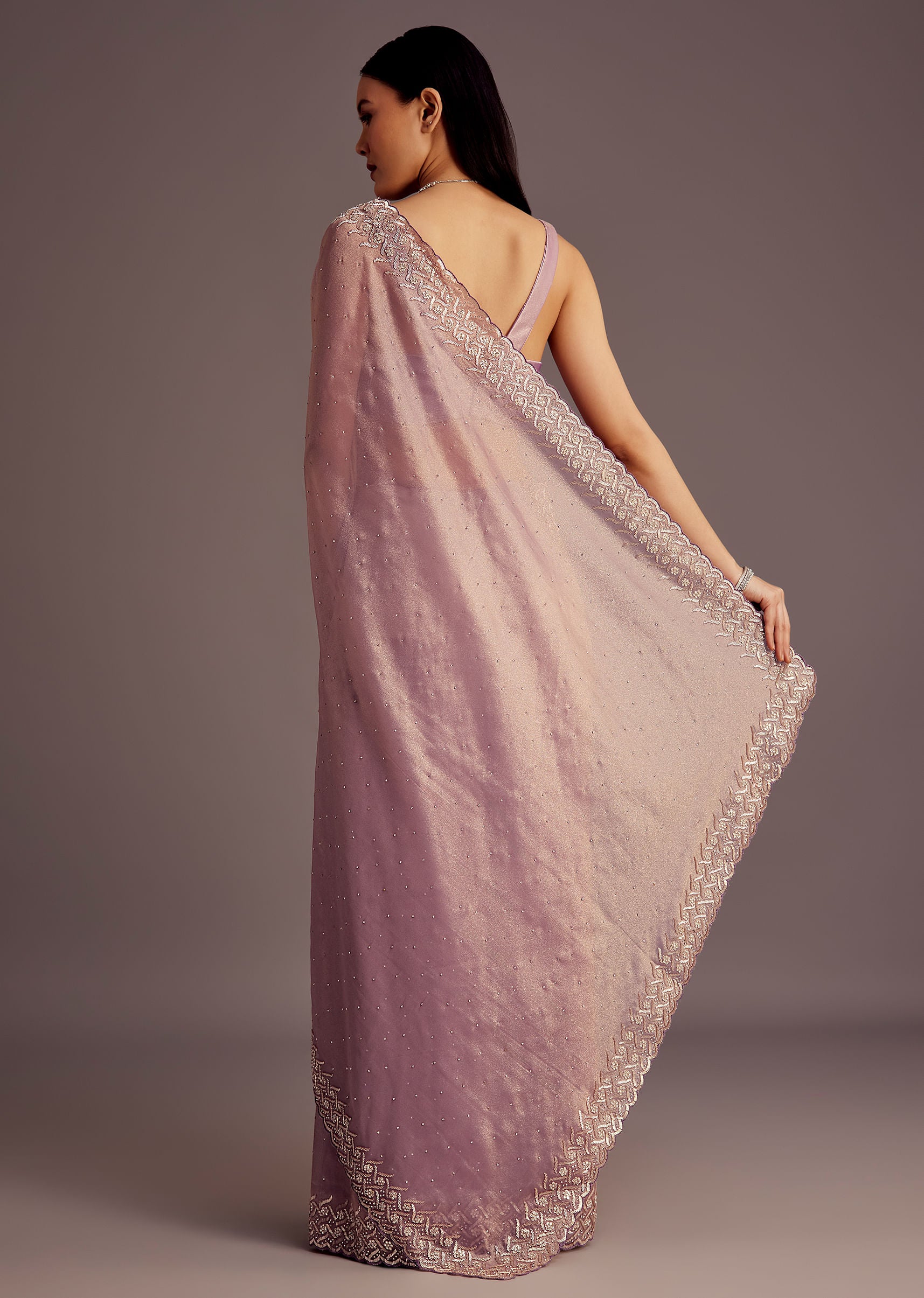 Purple Tissue Saree With Cutdana And Stone Embroidery - Image 4