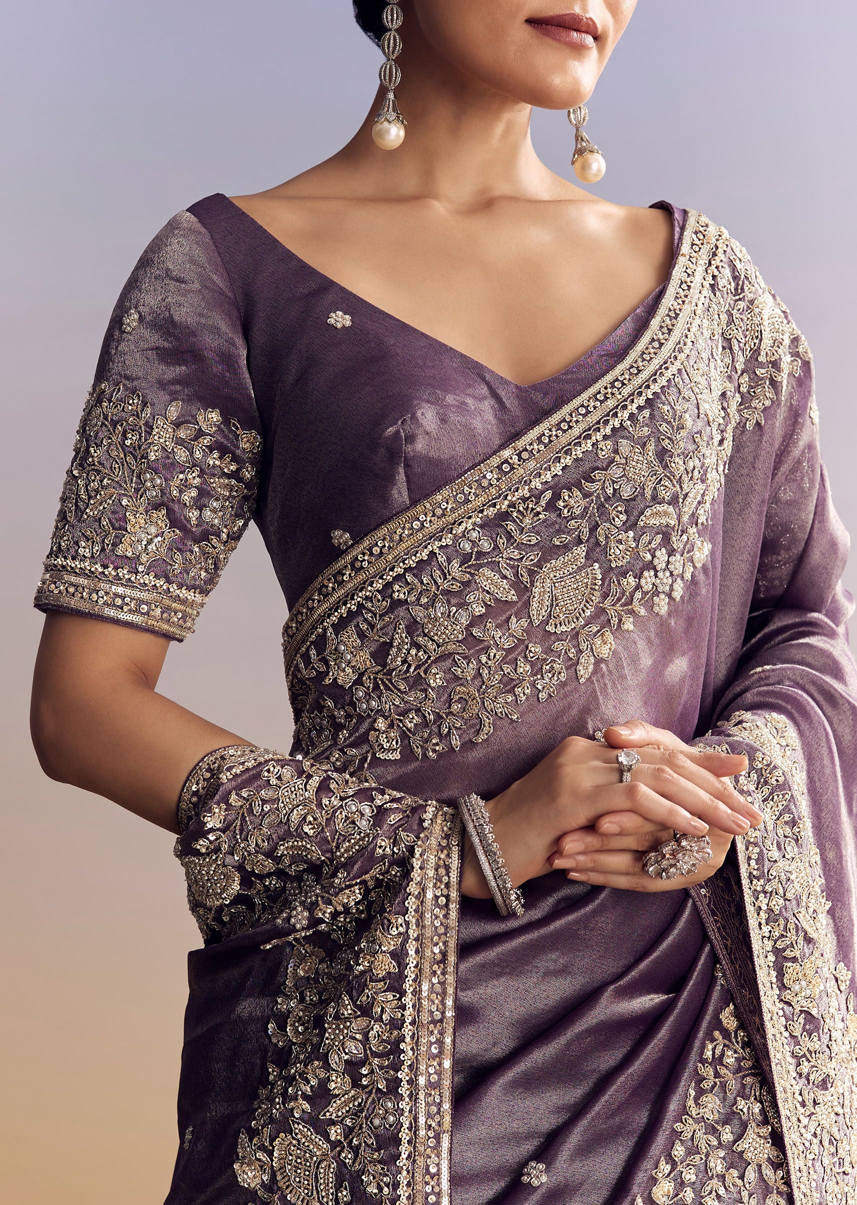 Purple Tissue Saree With Heavy Floral Embroidered Border - Image 2