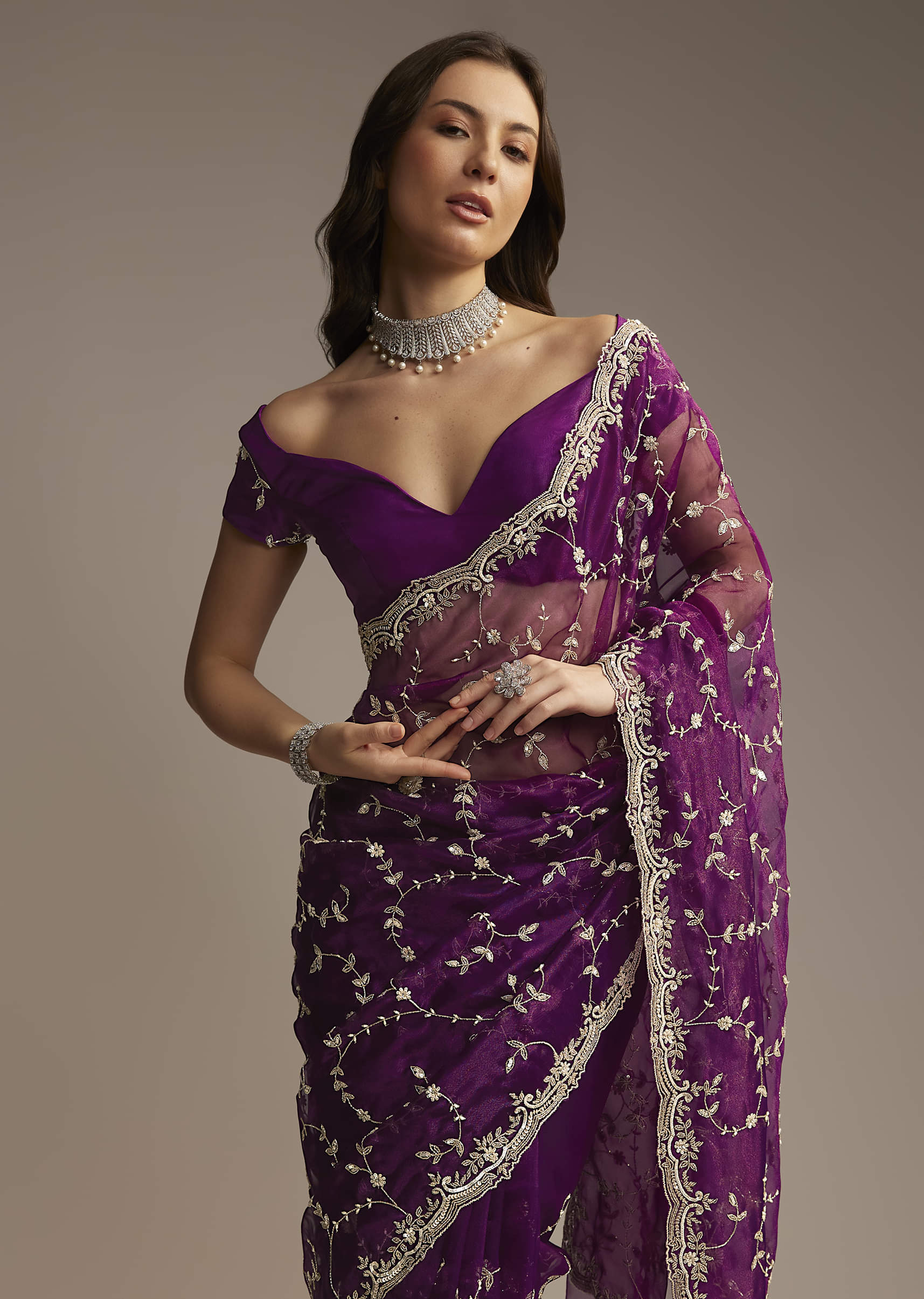 Purple Tissue Saree with Heavy Floral Embroidery - Image 4