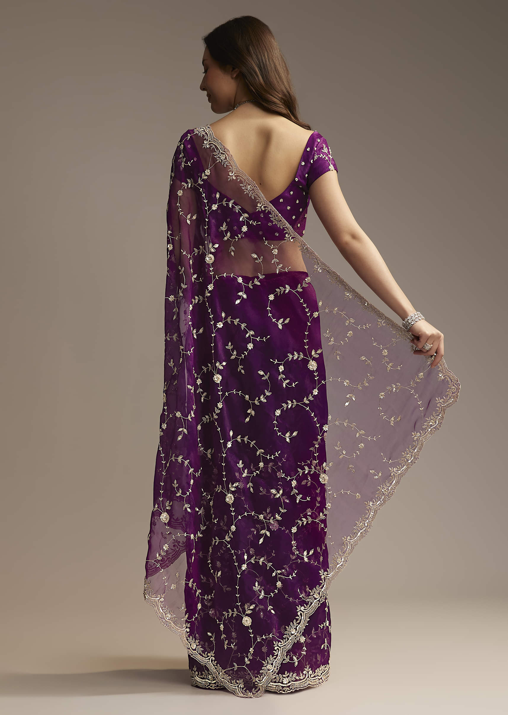 Purple Tissue Saree with Heavy Floral Embroidery - Image 5