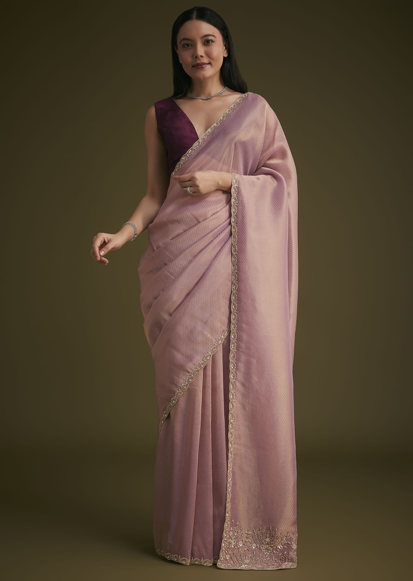Purple Tissue Sequins Saree With Contrast Blouse - Image 5