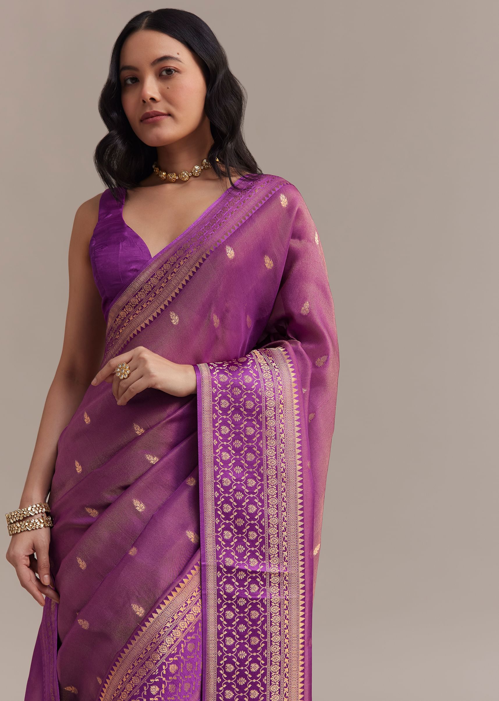 Purple Tissue Silk Saree With Butti Work And Chanderi Zari Woven Border - Image 2
