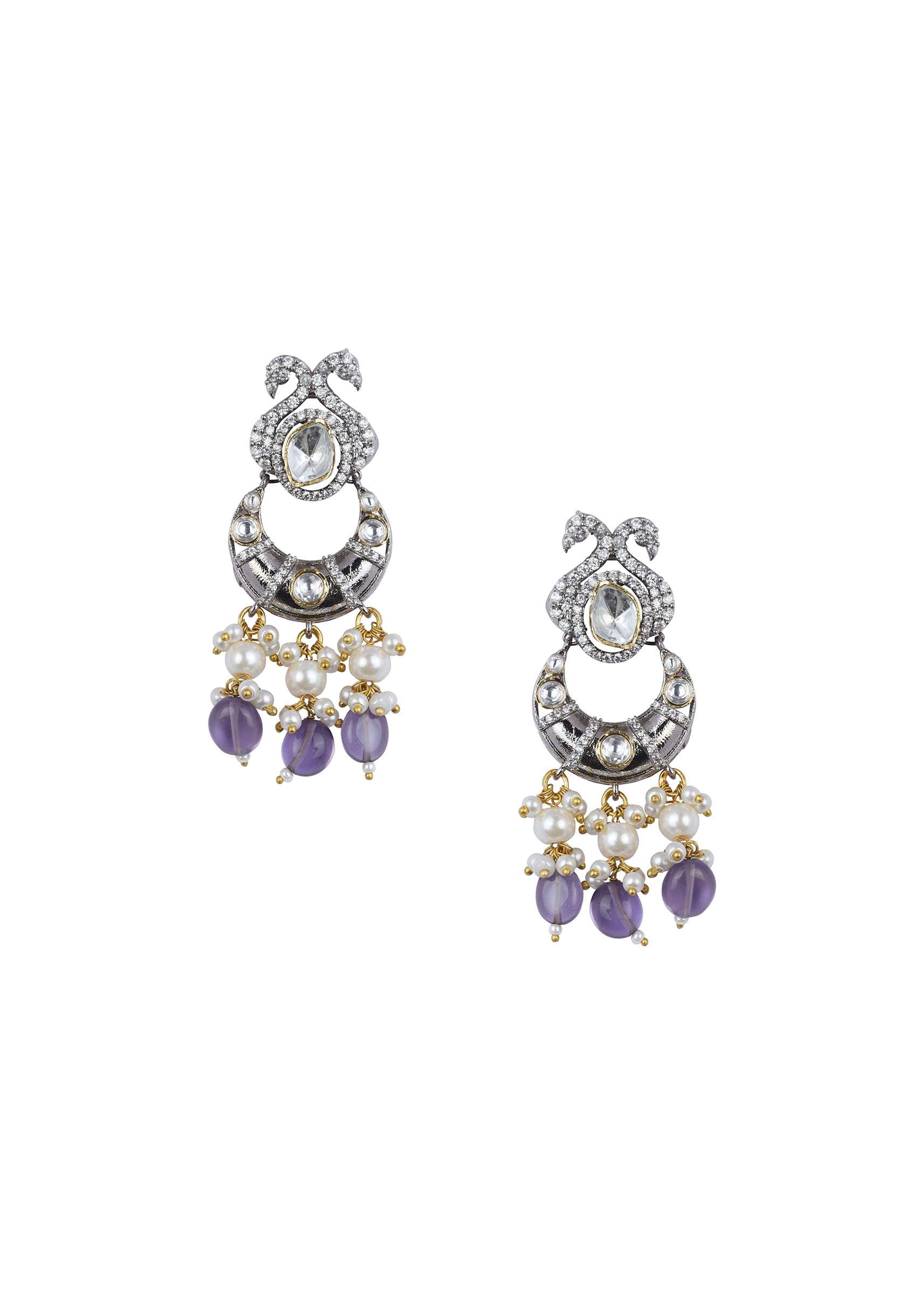 Purple Two Tone Finish Kundan Danglers With Pearl Drops - Image 3