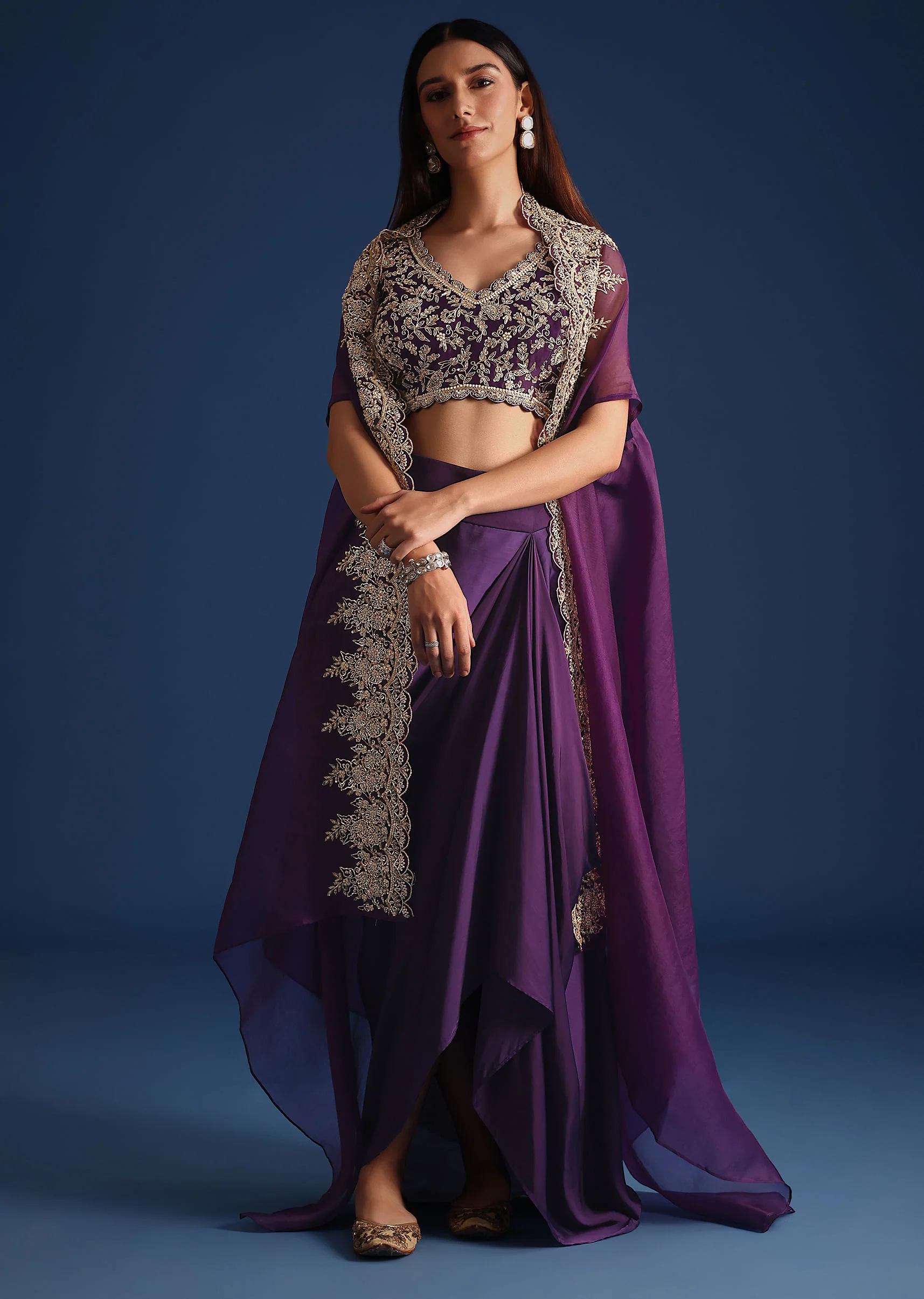 Purple Zardozi Work Jacket With Crop Top And Skirt - Image 4