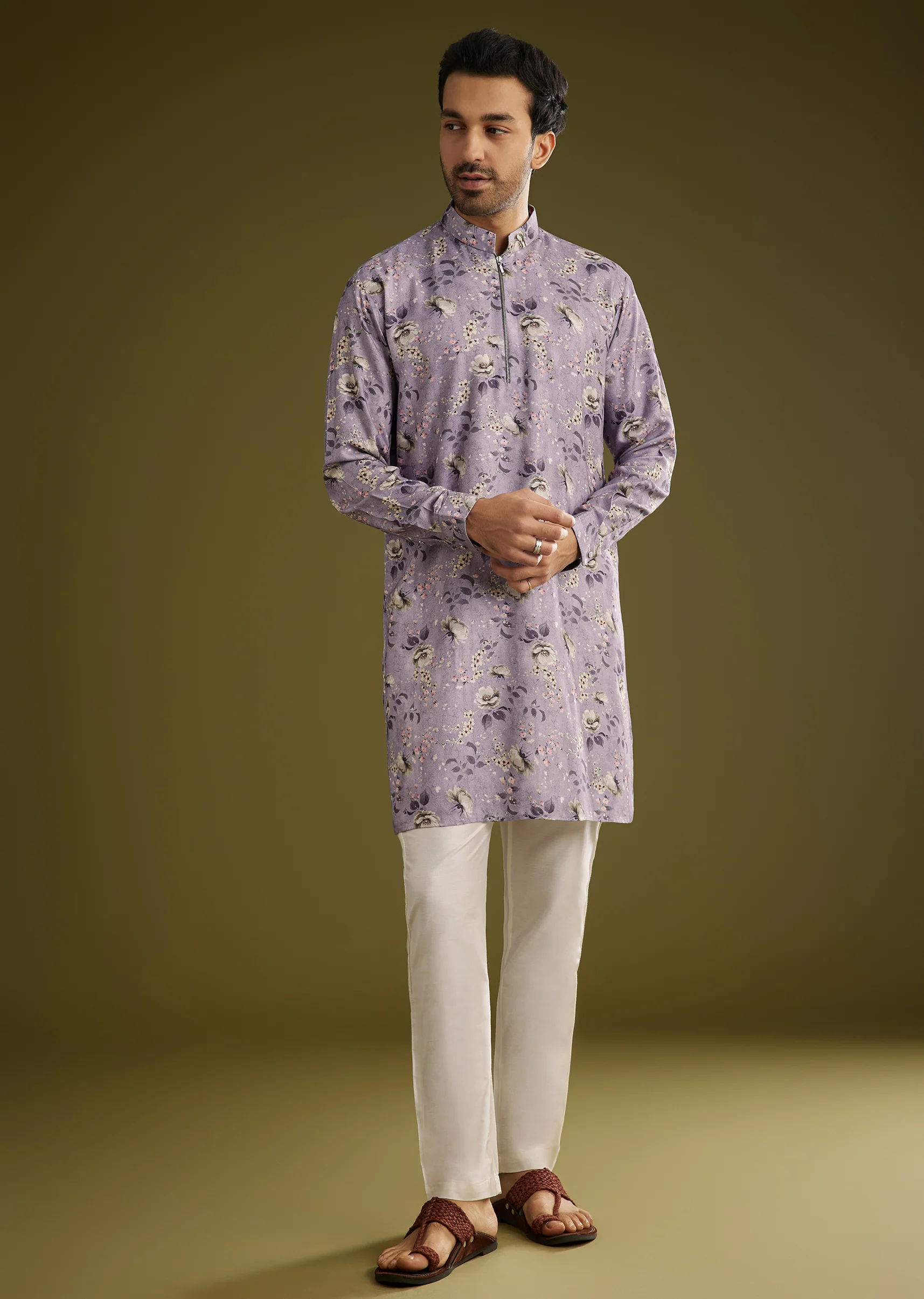Purple Zipper Kurta Set In Russian Silk With Floral Printed - Image 3